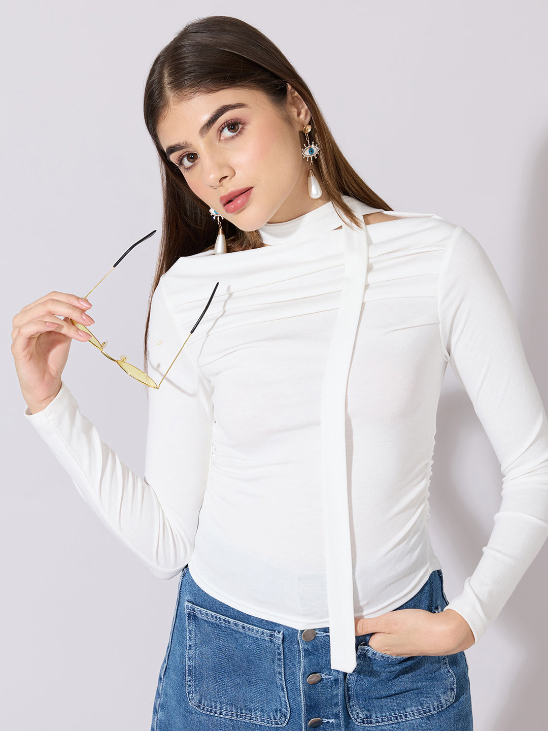 Women's White Off-Shoulder Ruched Top with Neck Tie