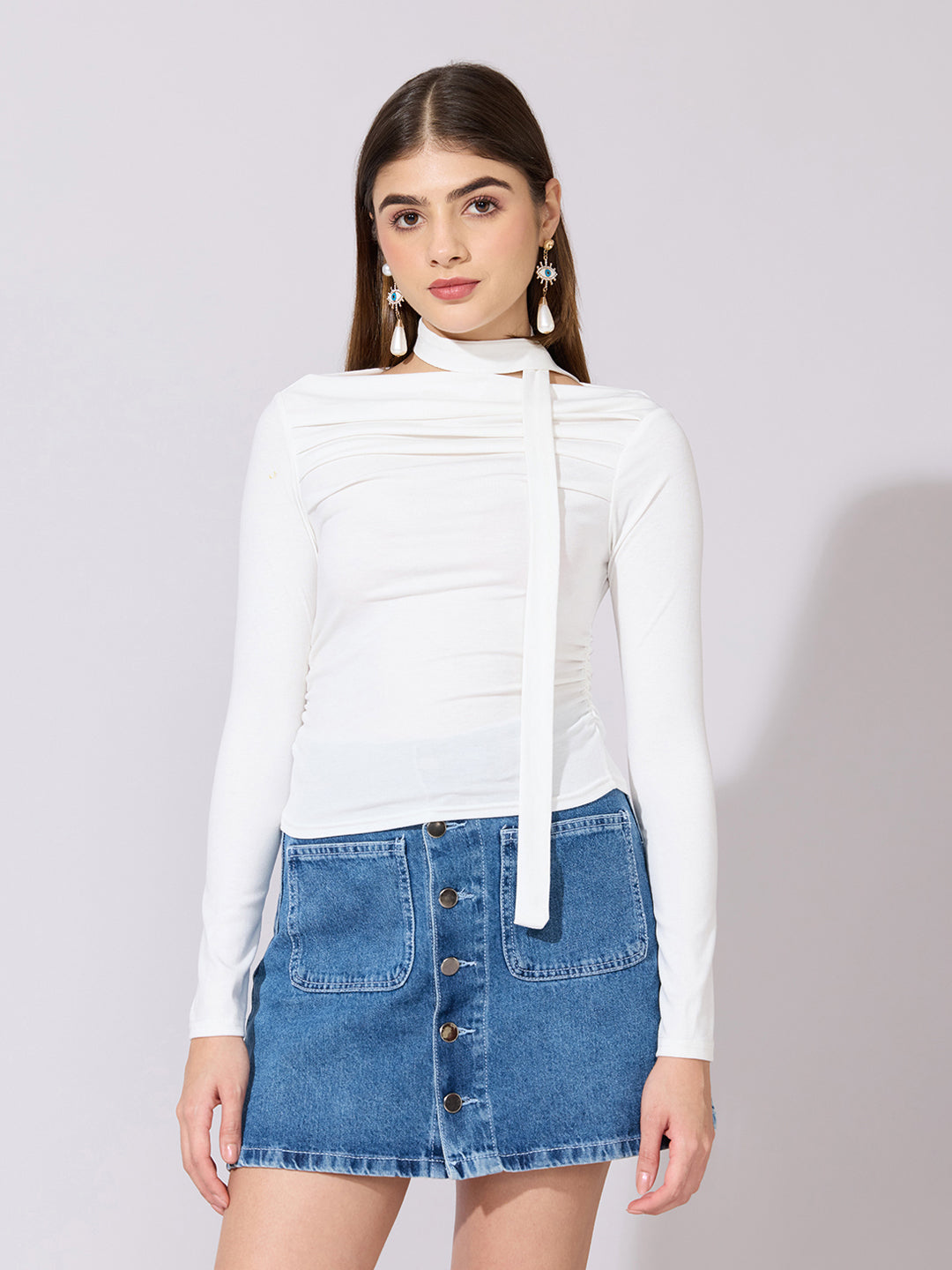 Women's White Off-Shoulder Ruched Top with Neck Tie