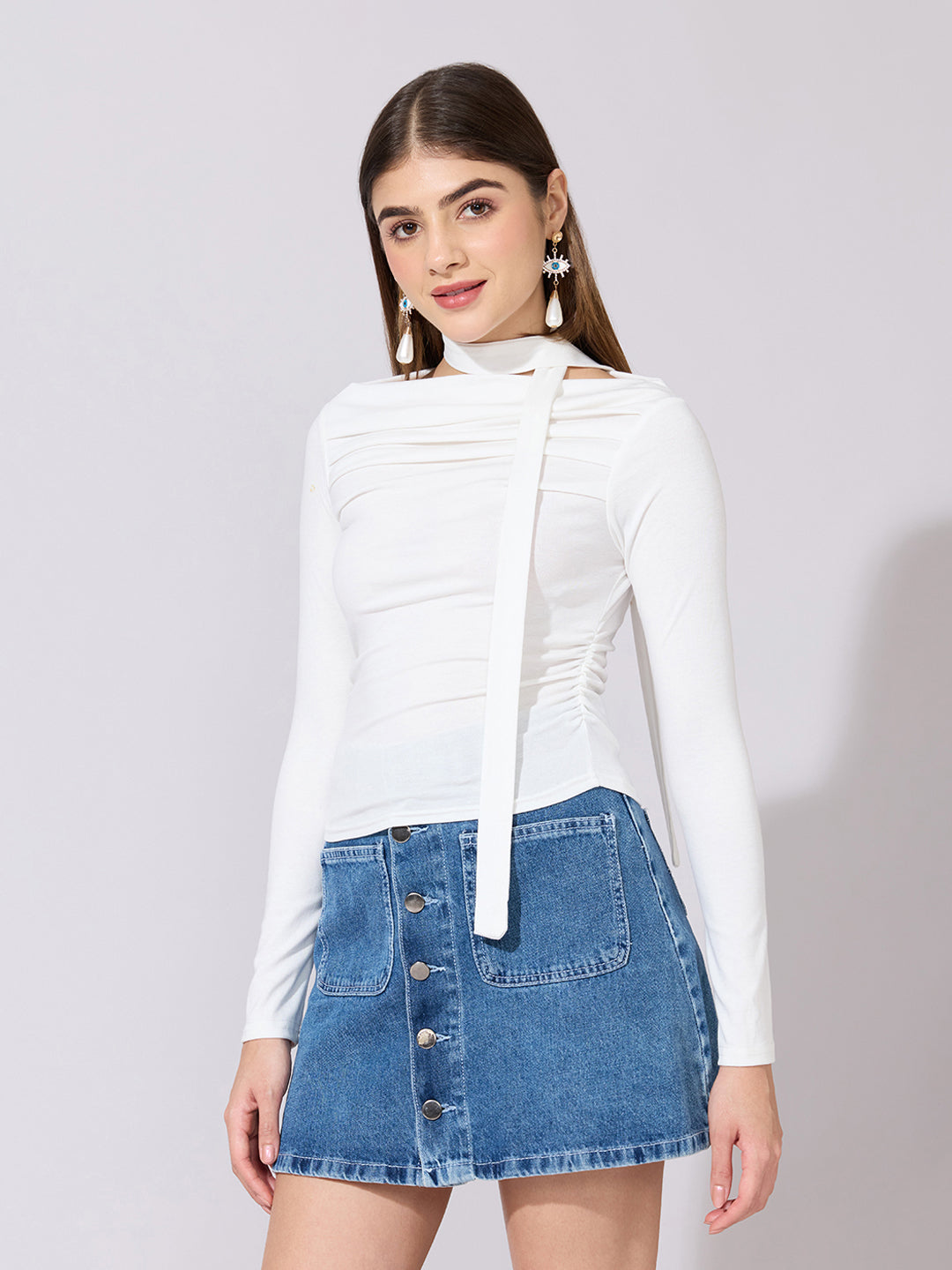 Women's White Off-Shoulder Ruched Top with Neck Tie