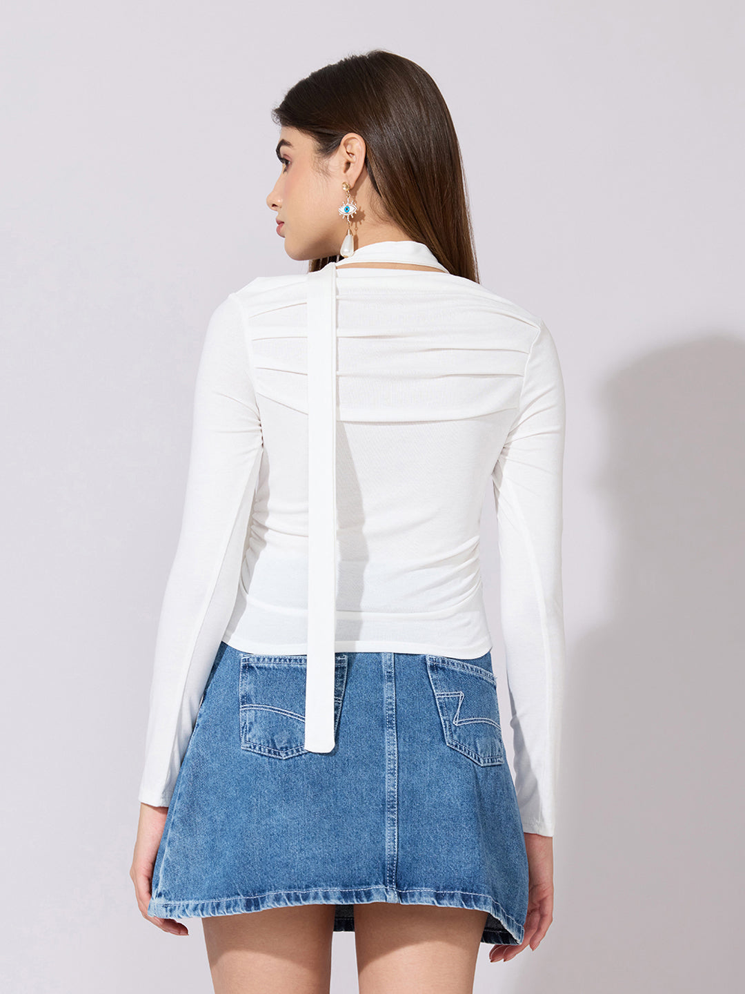 Women's White Off-Shoulder Ruched Top with Neck Tie