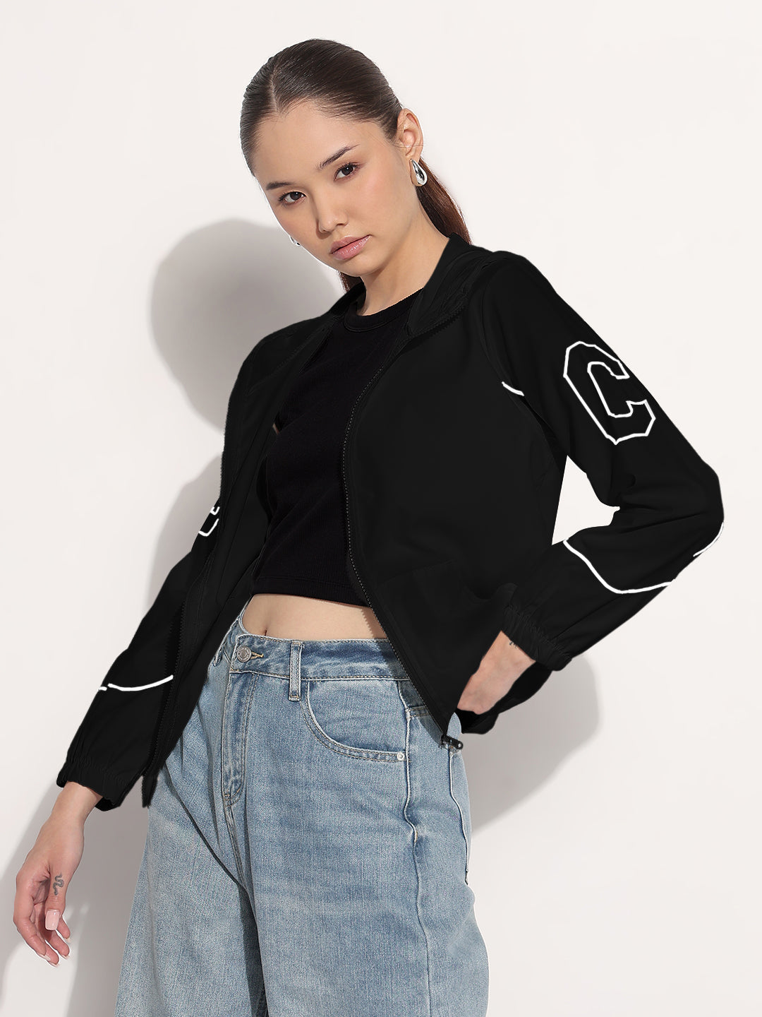 Women's Black Hooded Bomber Jacket with Piping Detail