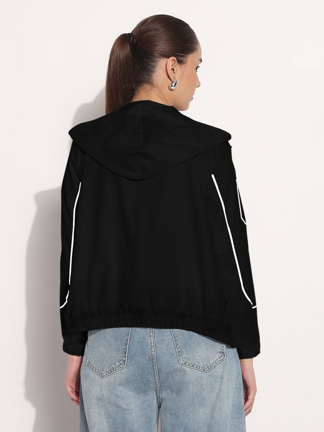 Women's Black Hooded Bomber Jacket with Piping Detail