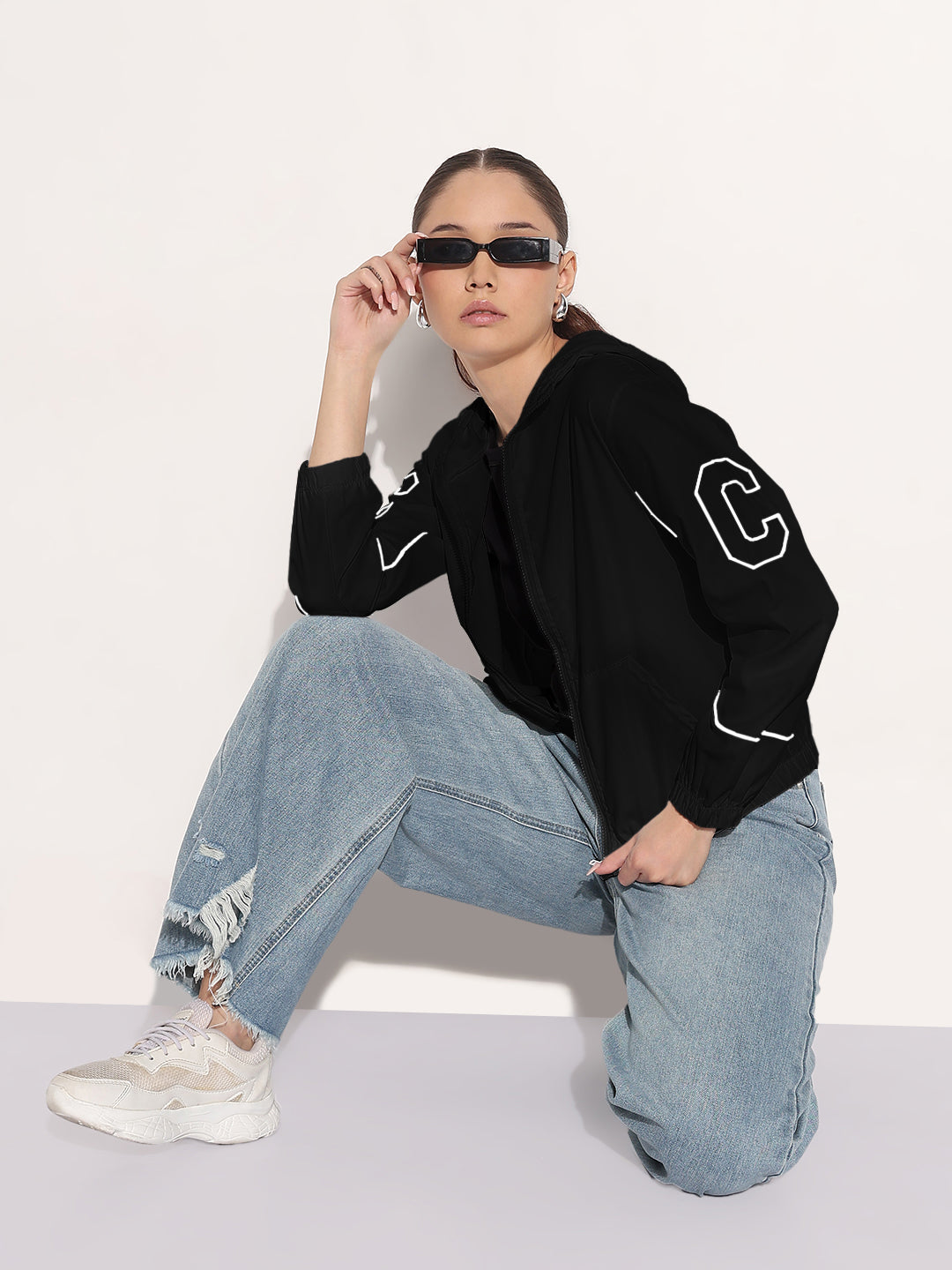 Women's Black Hooded Bomber Jacket with Piping Detail