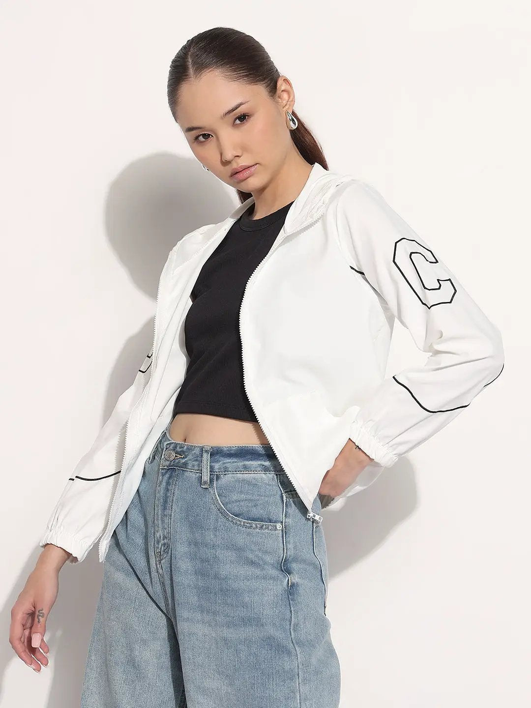 Women's White Hooded Bomber Jacket with Piping Detail - from SHOWOFFFF