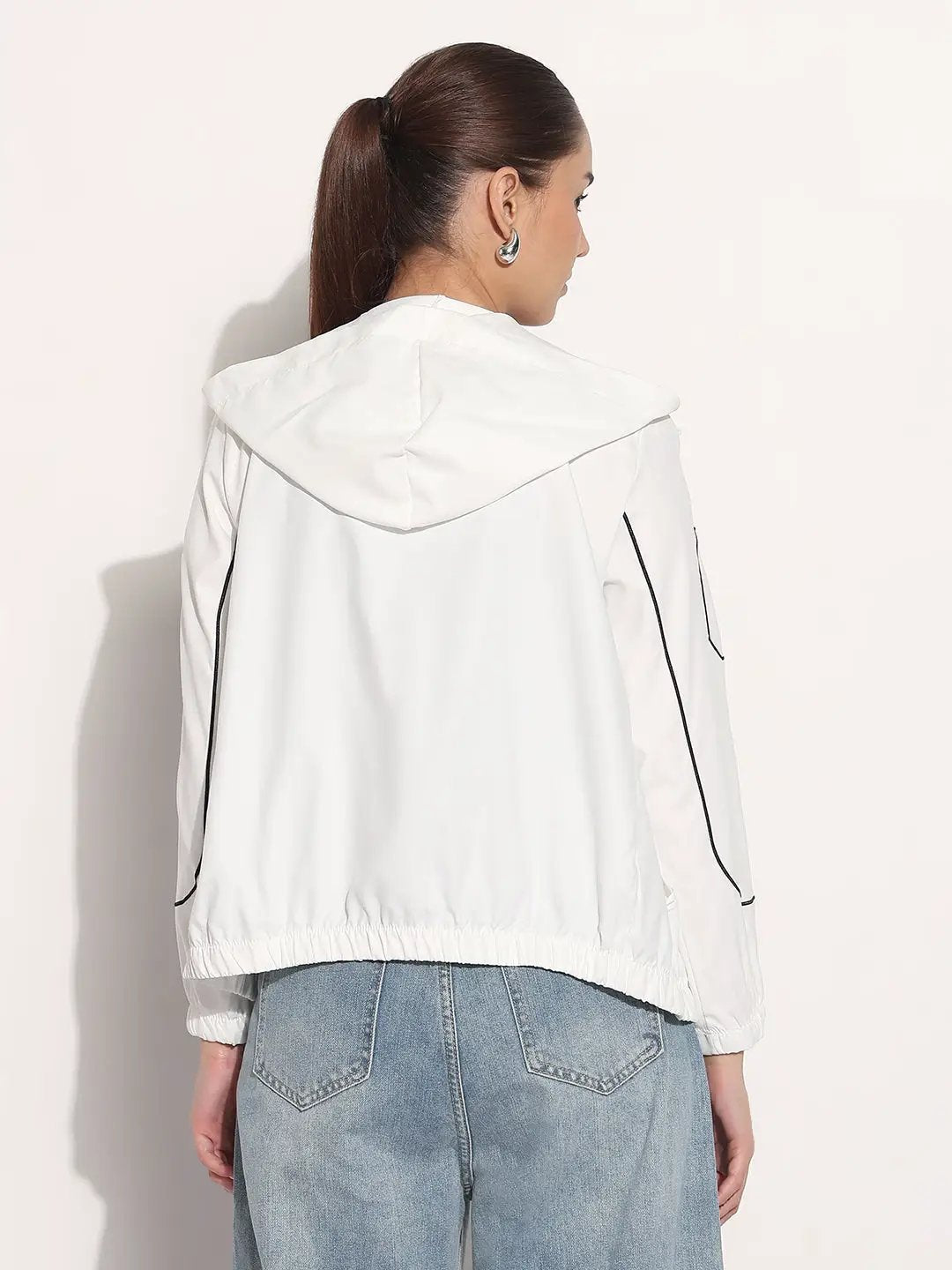 Women's White Hooded Bomber Jacket with Piping Detail - from SHOWOFFFF