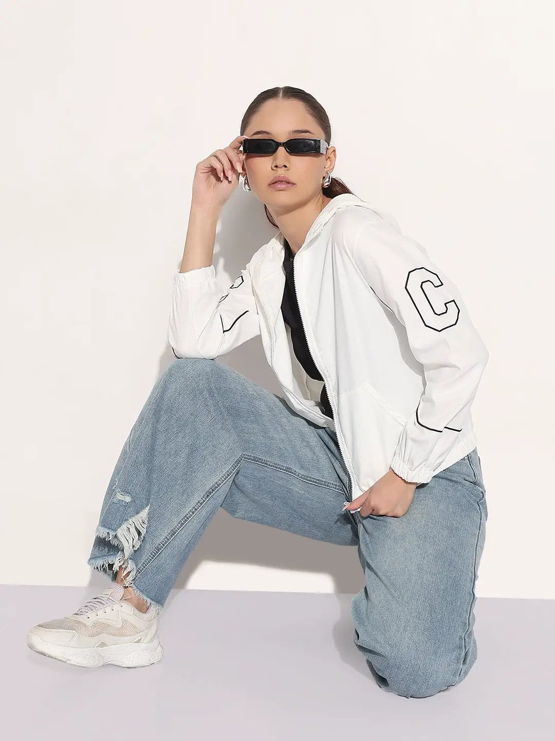 Women's White Hooded Bomber Jacket with Piping Detail - from SHOWOFFFF