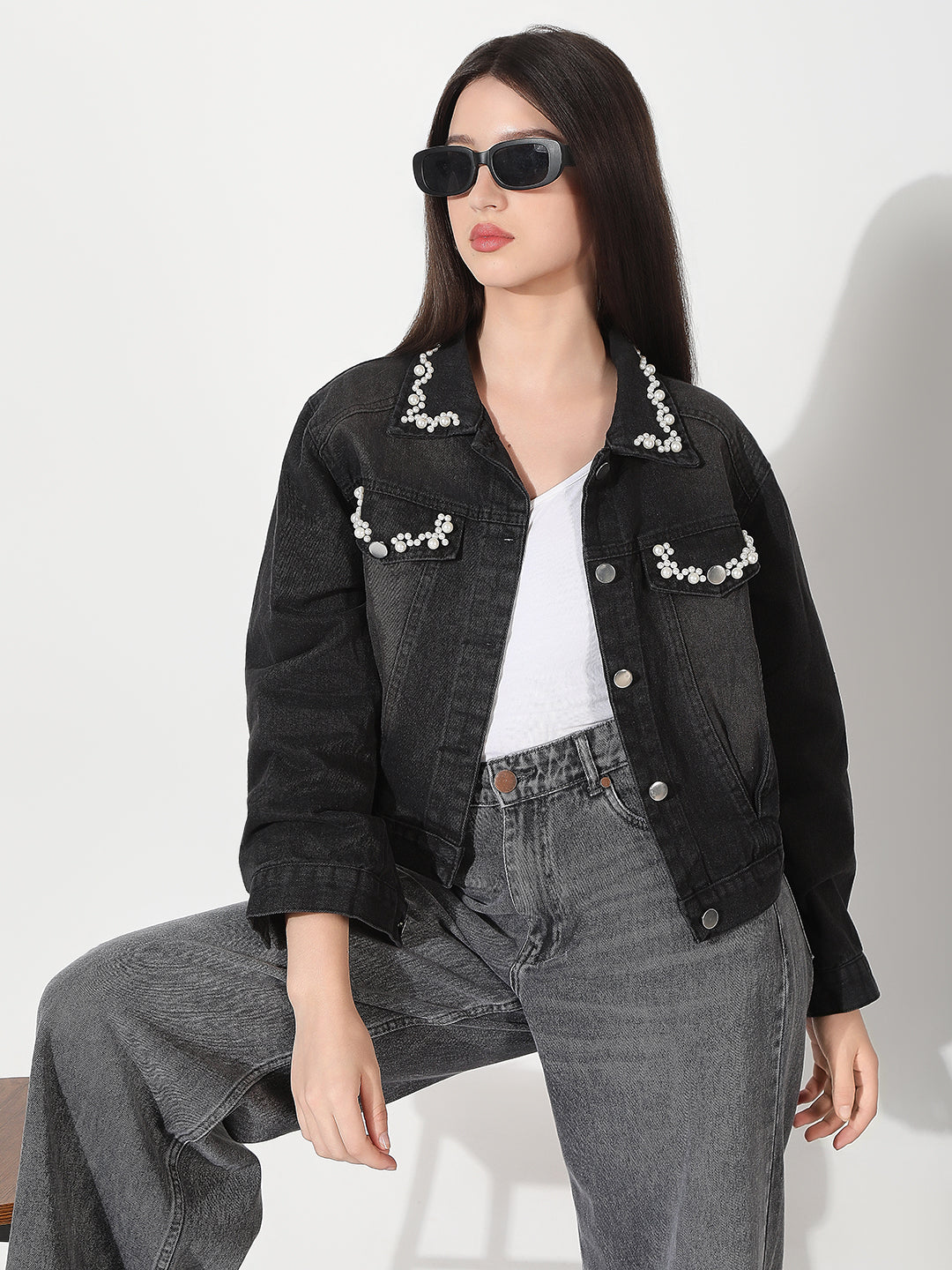 Women's Embellished Black Spread Collar Denim Jacket