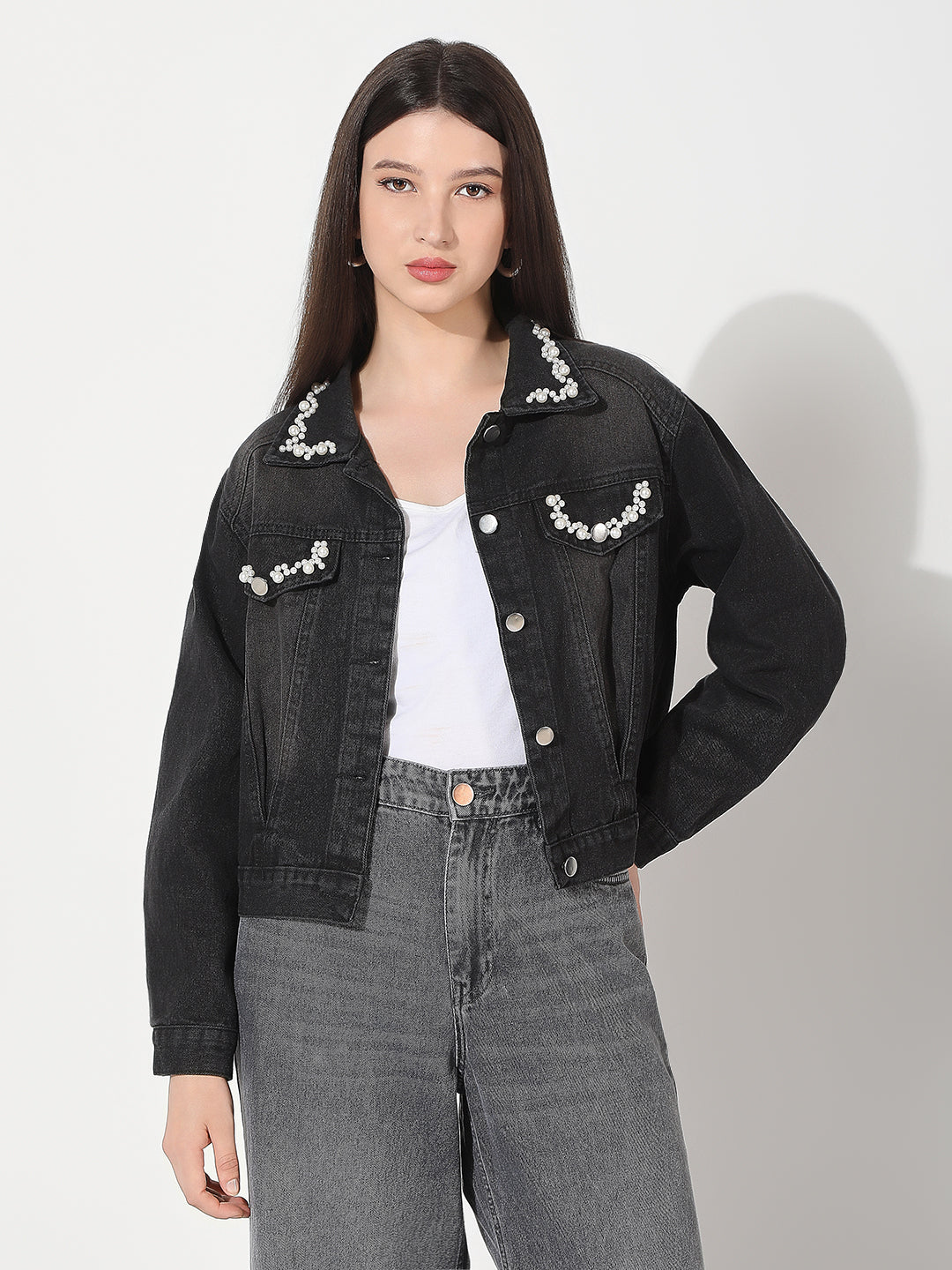 Women's Embellished Black Spread Collar Denim Jacket