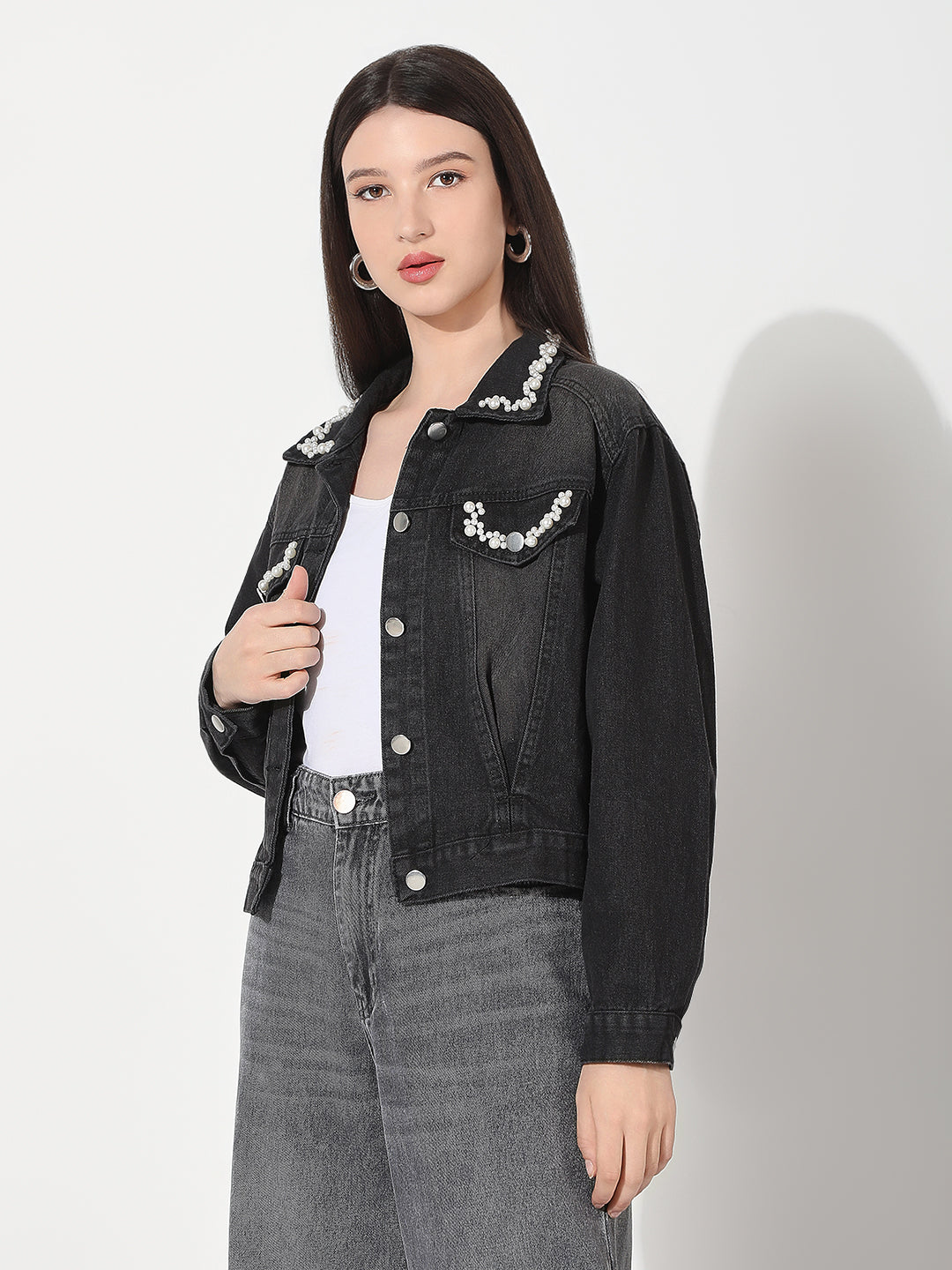 Women's Embellished Black Spread Collar Denim Jacket