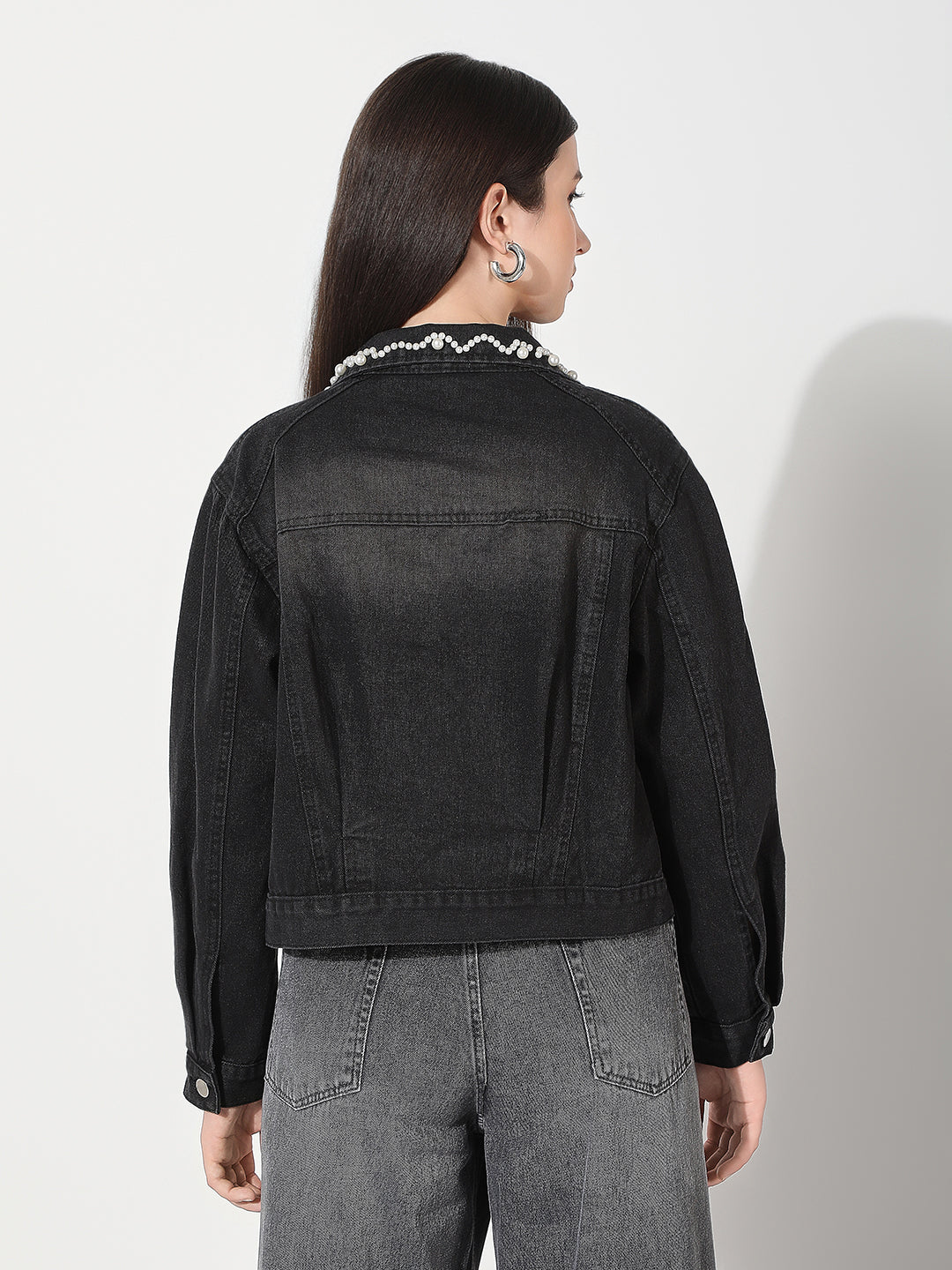 Women's Embellished Black Spread Collar Denim Jacket