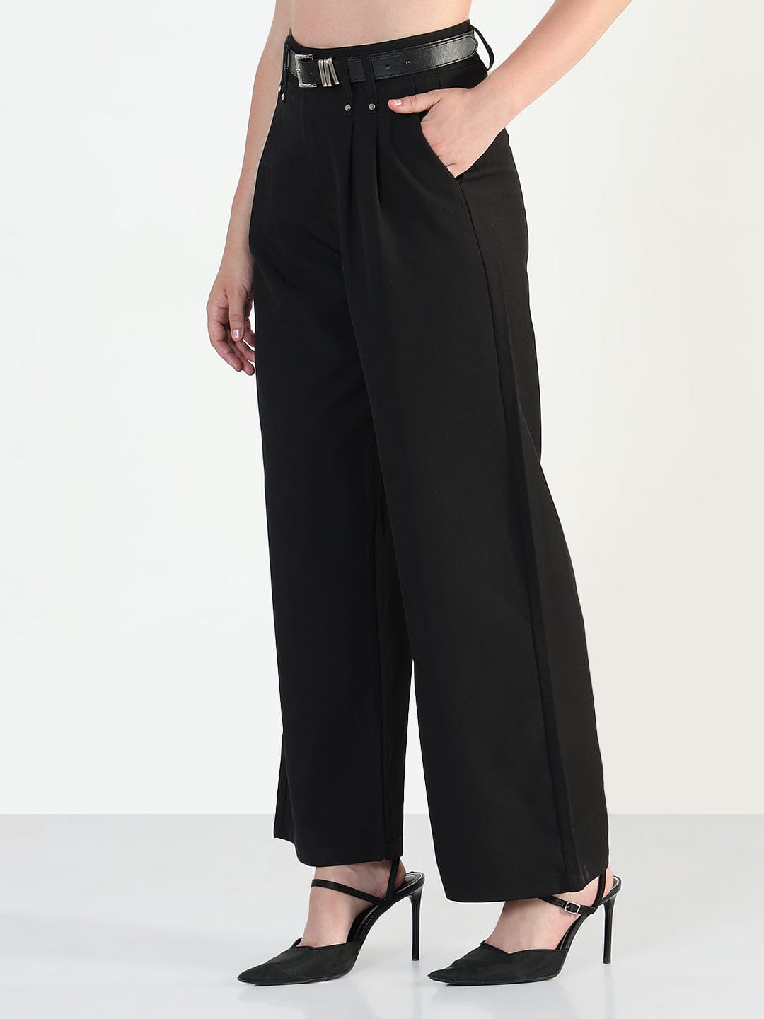 Women's Black Straight Fit Trousers with Belt