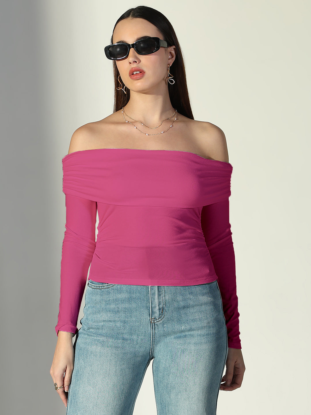 Women Solid Pink Off-Shoulder Top