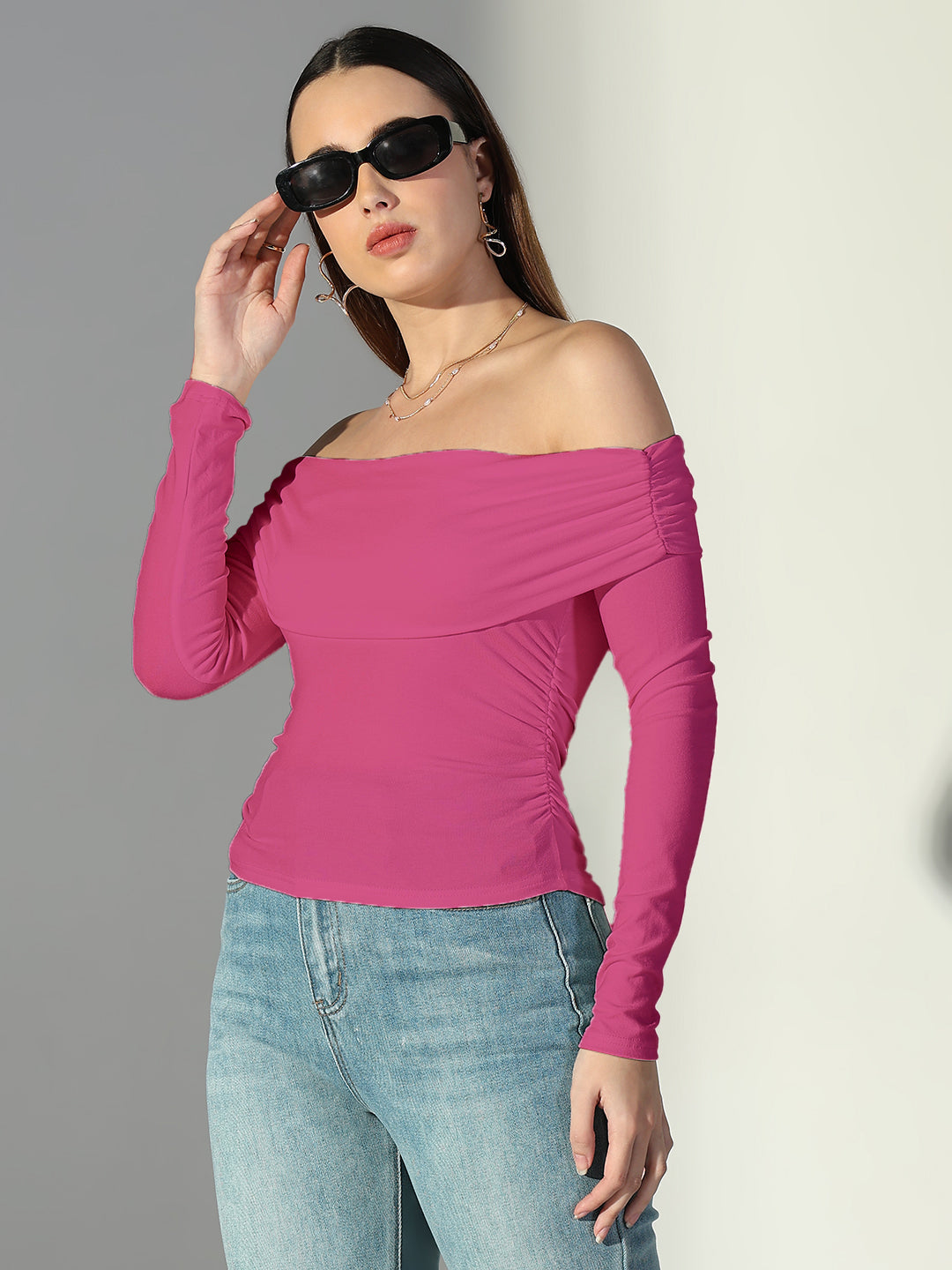 Women Solid Pink Off-Shoulder Top