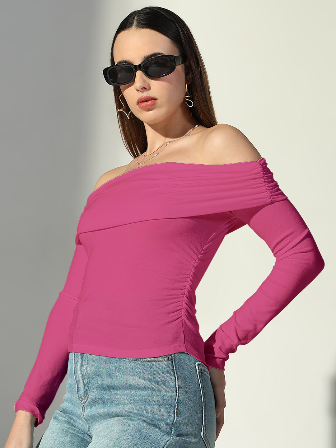 Women Solid Pink Off-Shoulder Top