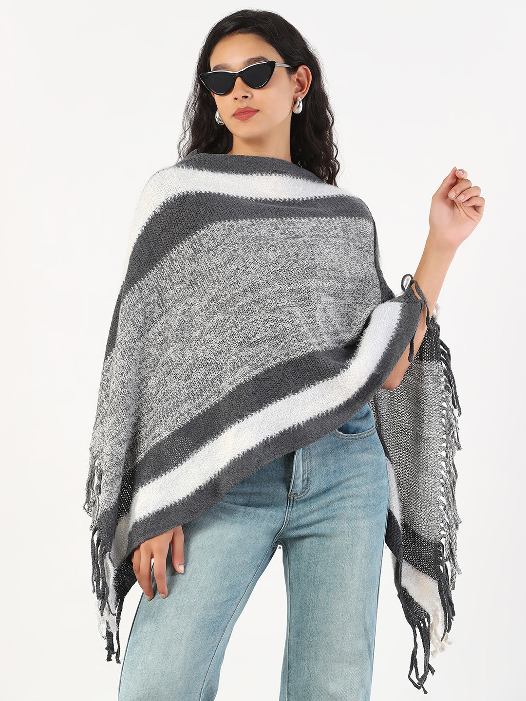 Women V-Neck Striped Grey Poncho