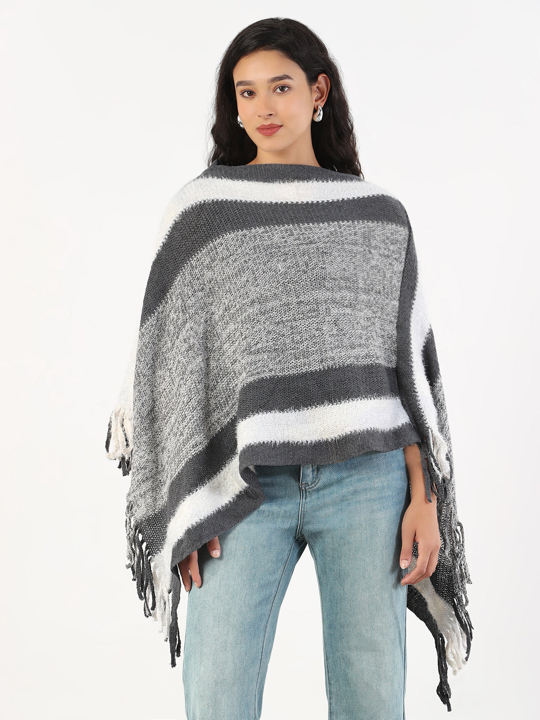 Women V-Neck Striped Grey Poncho