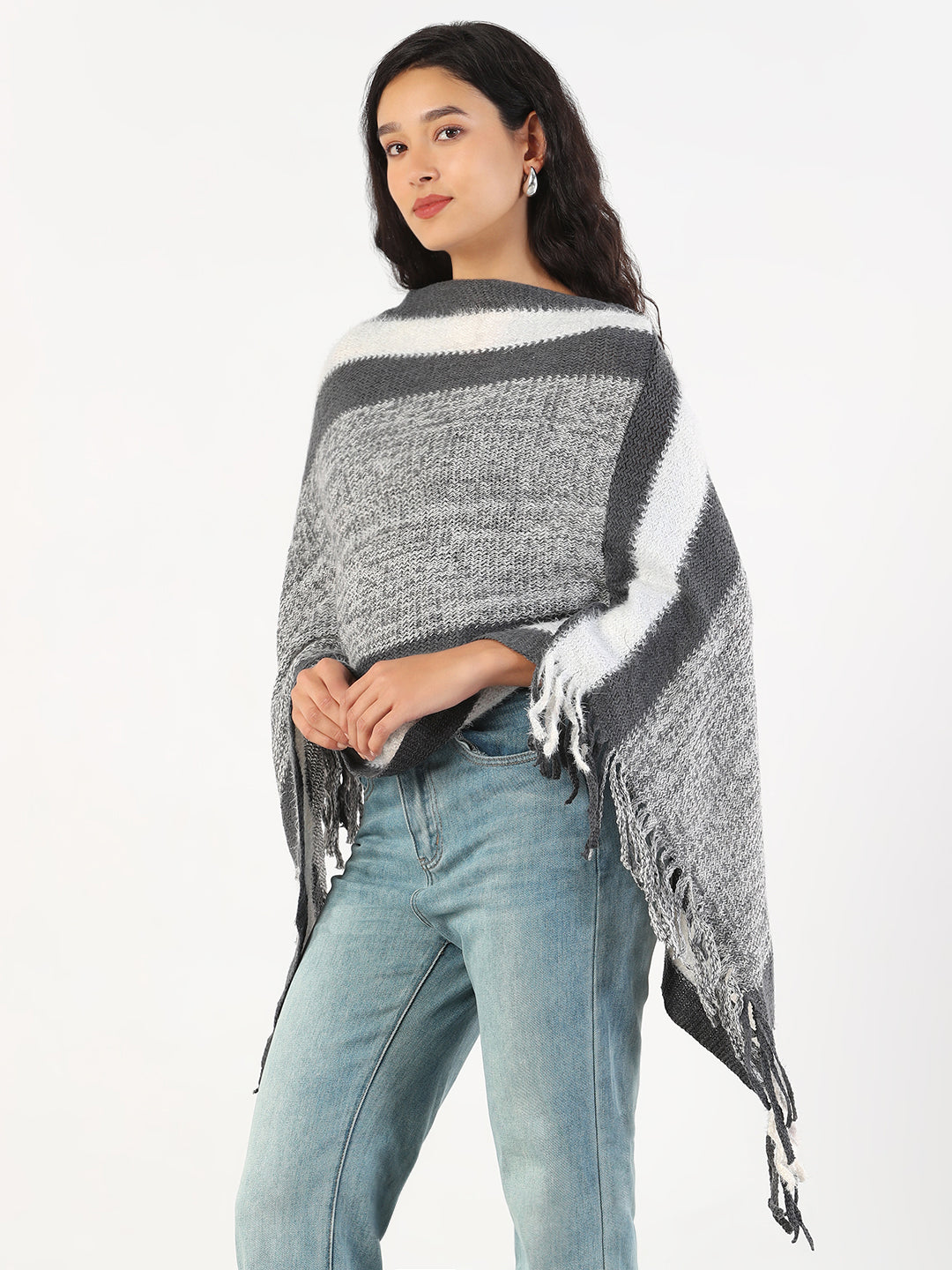 Women V-Neck Striped Grey Poncho