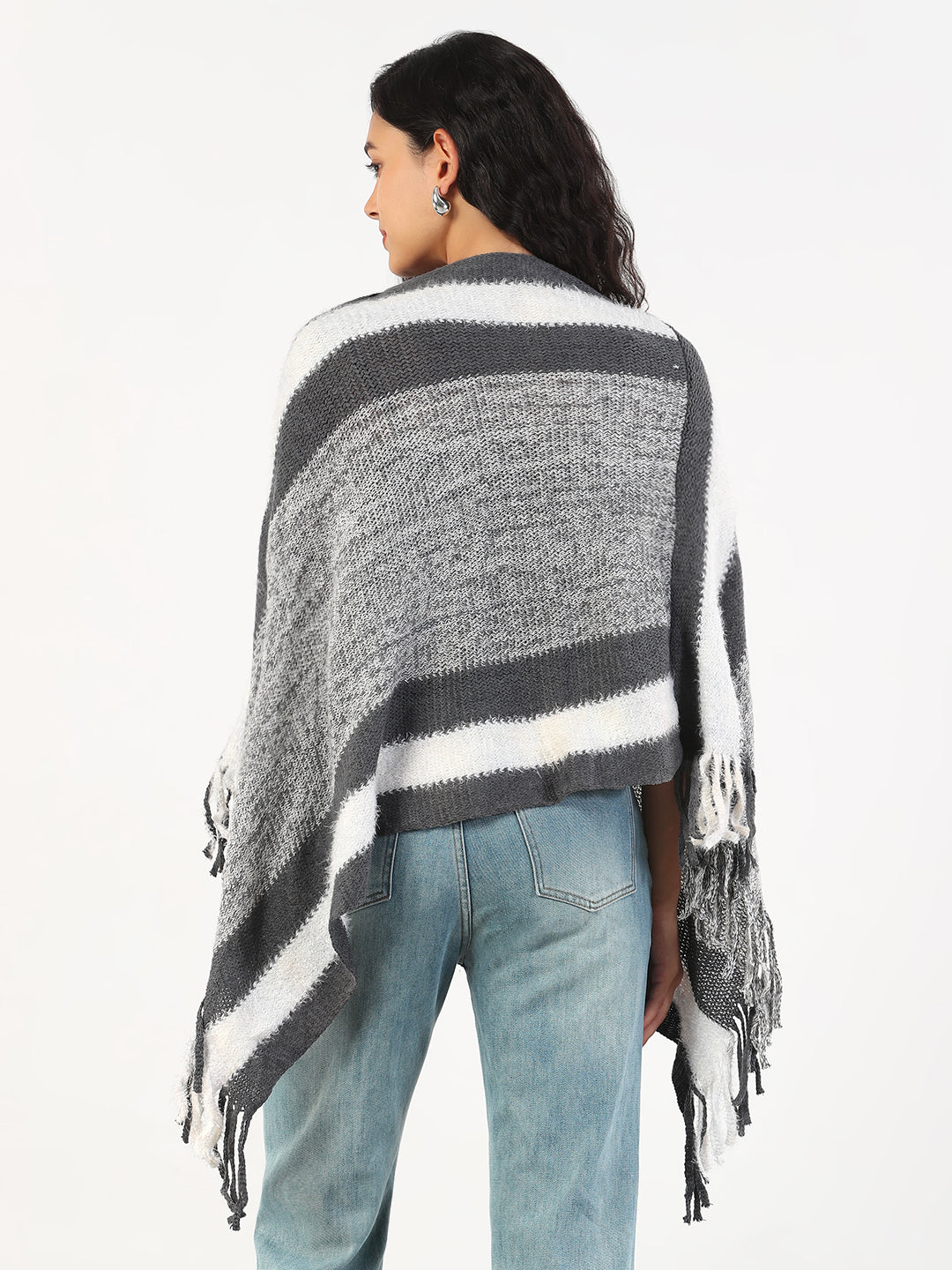 Women V-Neck Striped Grey Poncho