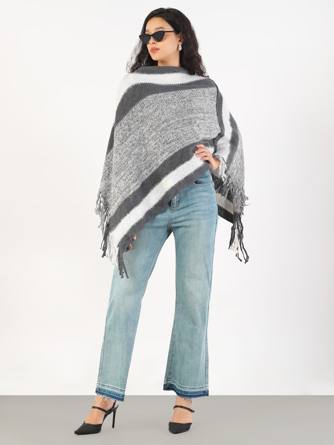 Women V-Neck Striped Grey Poncho