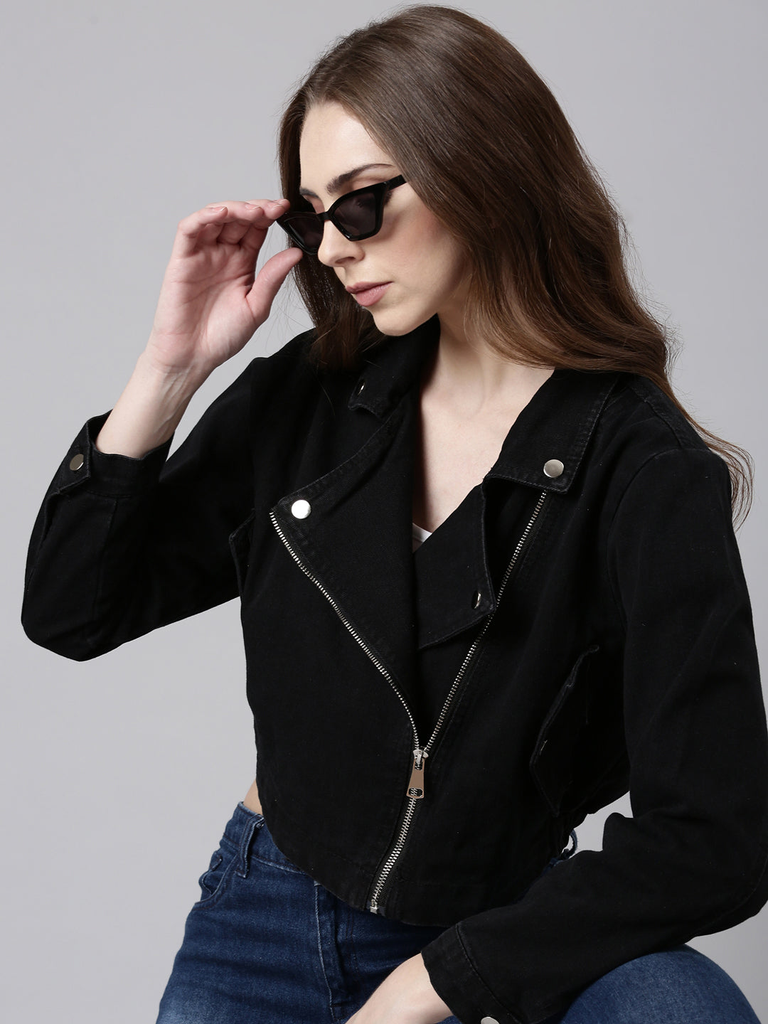 Women Black Solid Denim Jacket