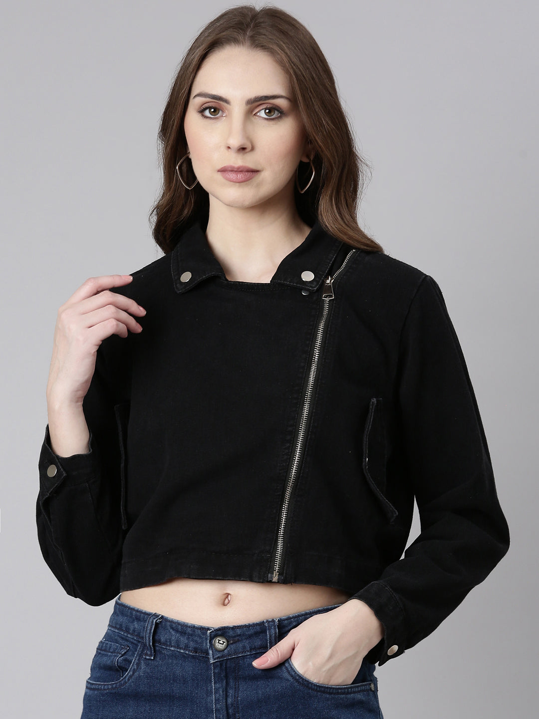 Women Black Solid Denim Jacket