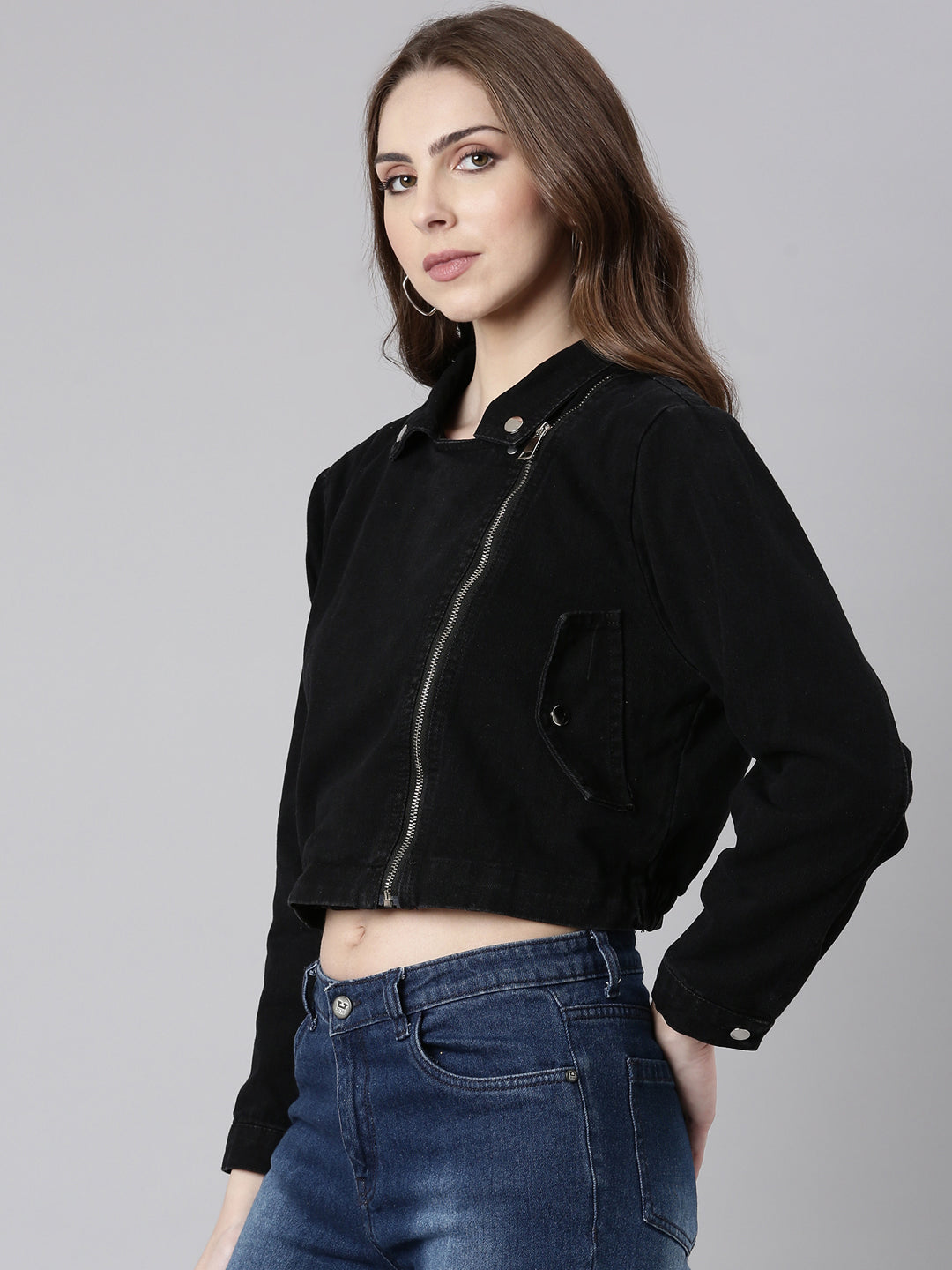 Women Black Solid Denim Jacket