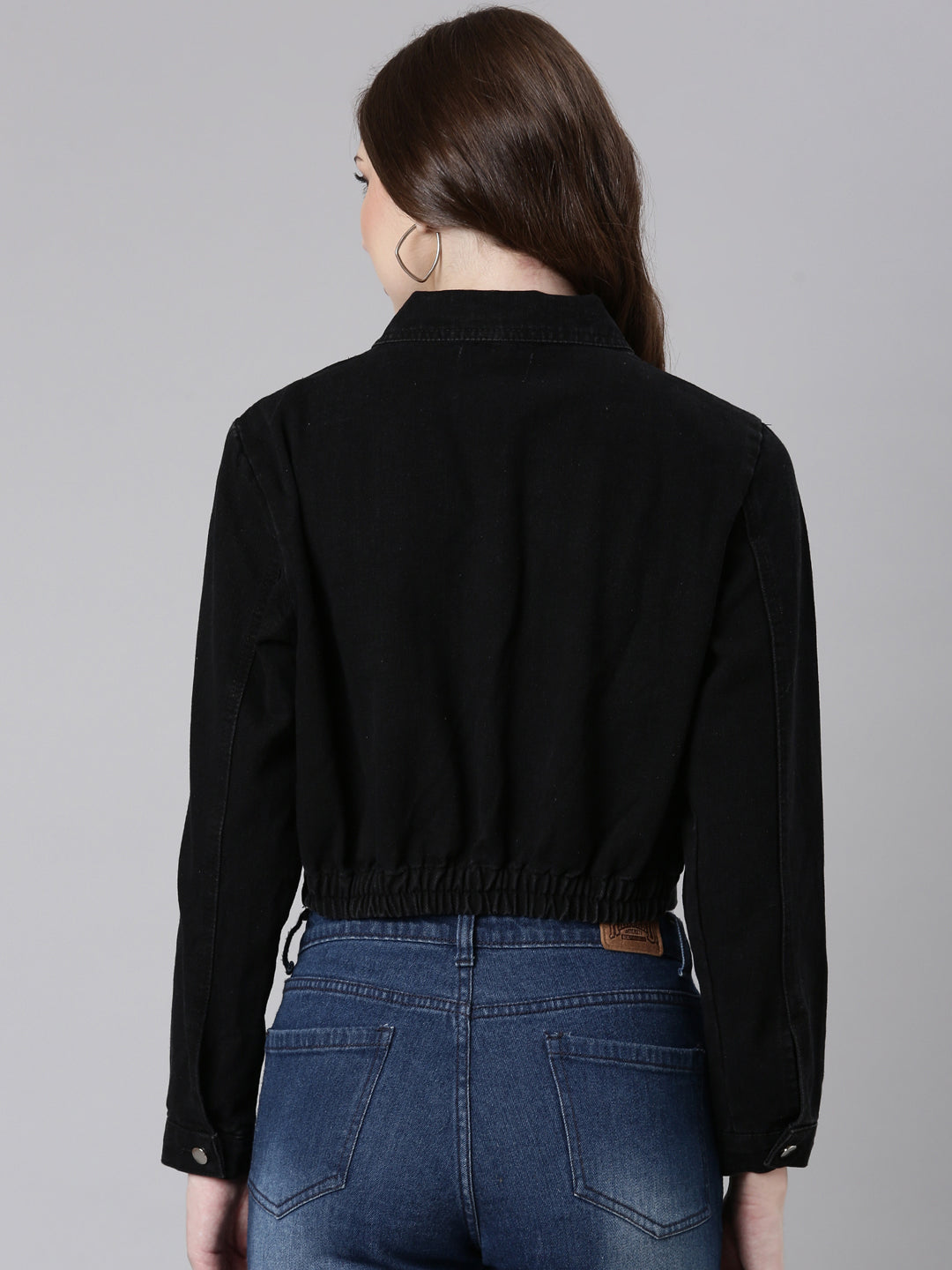 Women Black Solid Denim Jacket