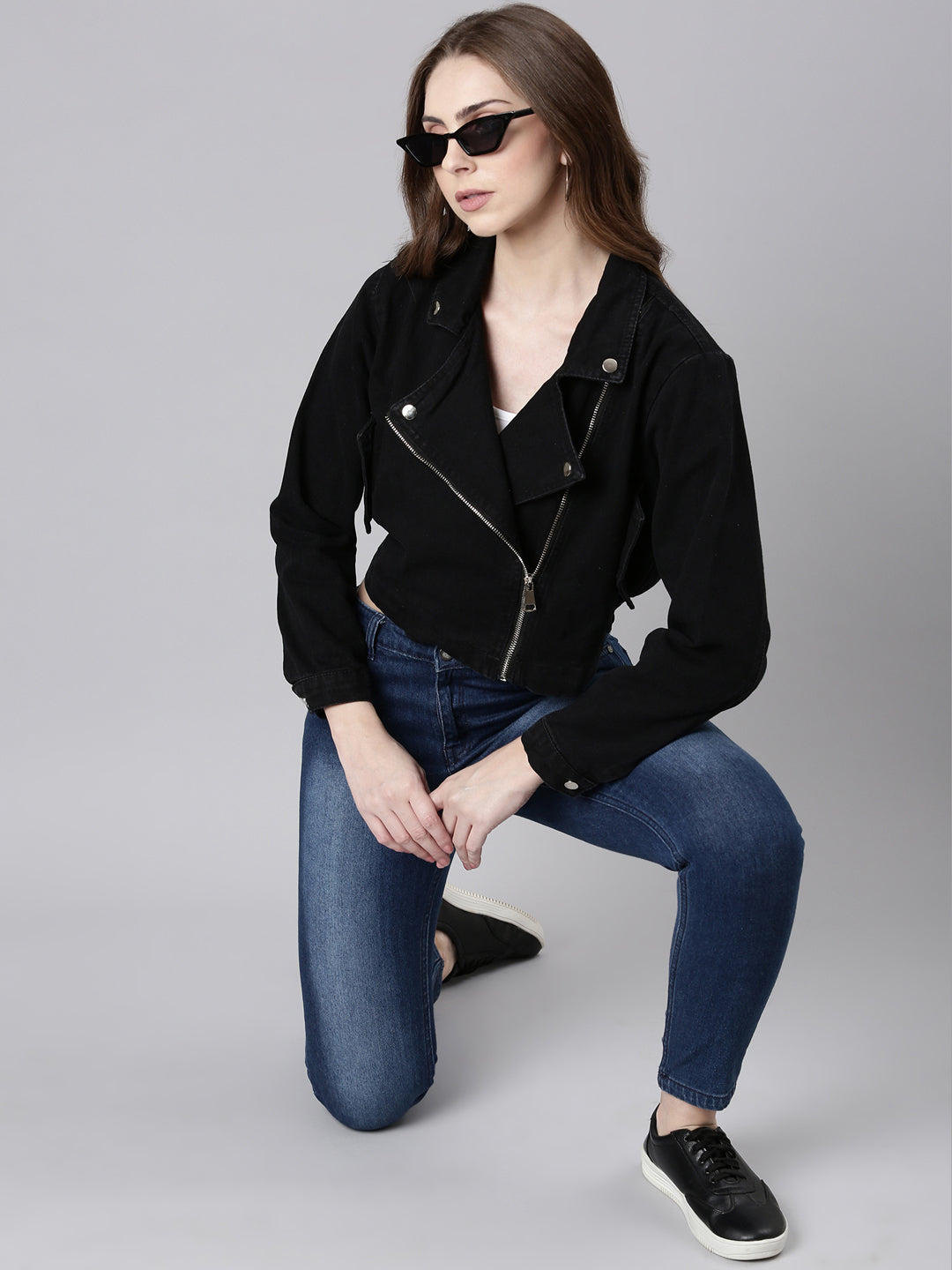 Women Black Solid Denim Jacket