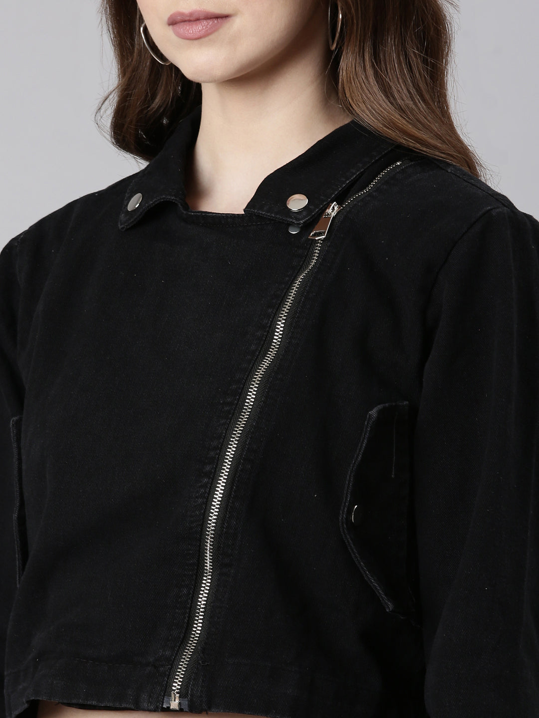 Women Black Solid Denim Jacket