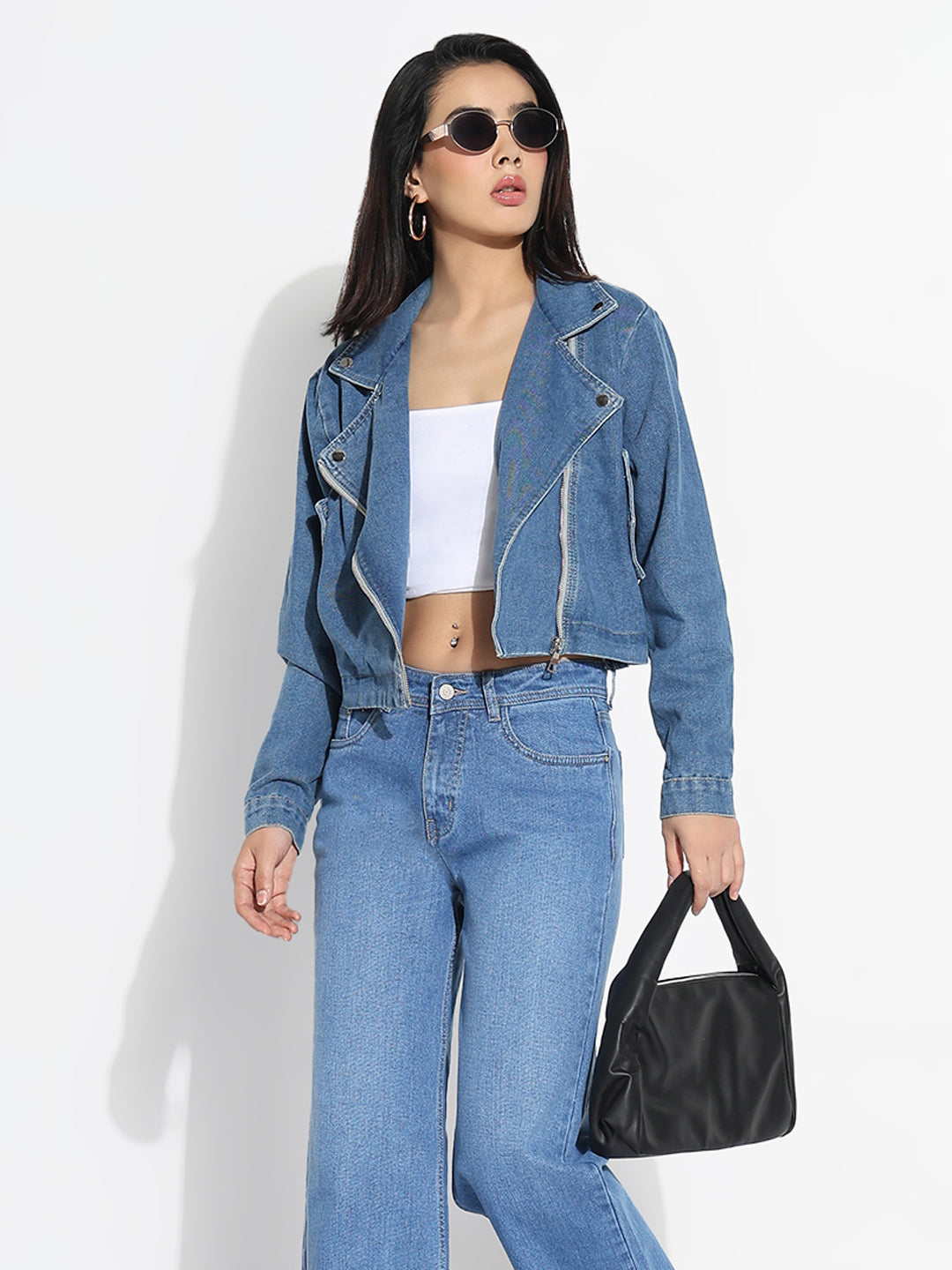 Women Solid Blue Spread Collar Denim Jacket