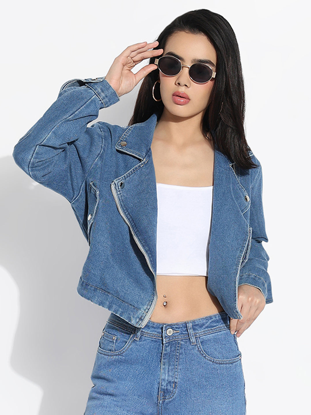 Women Solid Blue Spread Collar Denim Jacket