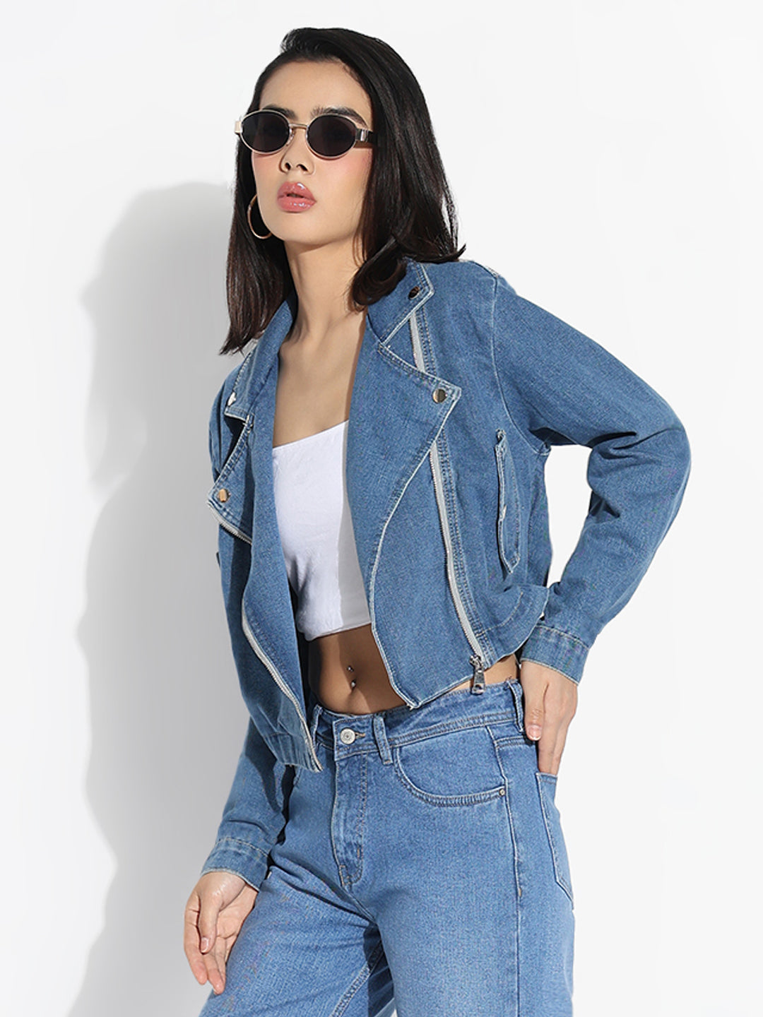 Women Solid Blue Spread Collar Denim Jacket