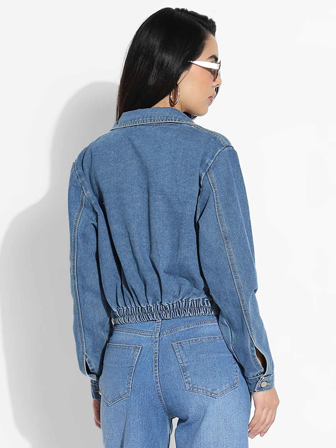 Women Solid Blue Spread Collar Denim Jacket