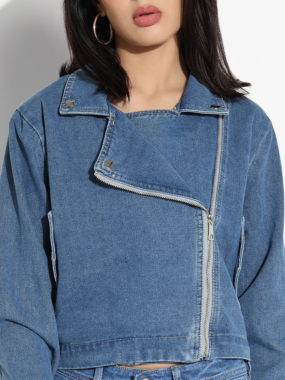 Women Solid Blue Spread Collar Denim Jacket