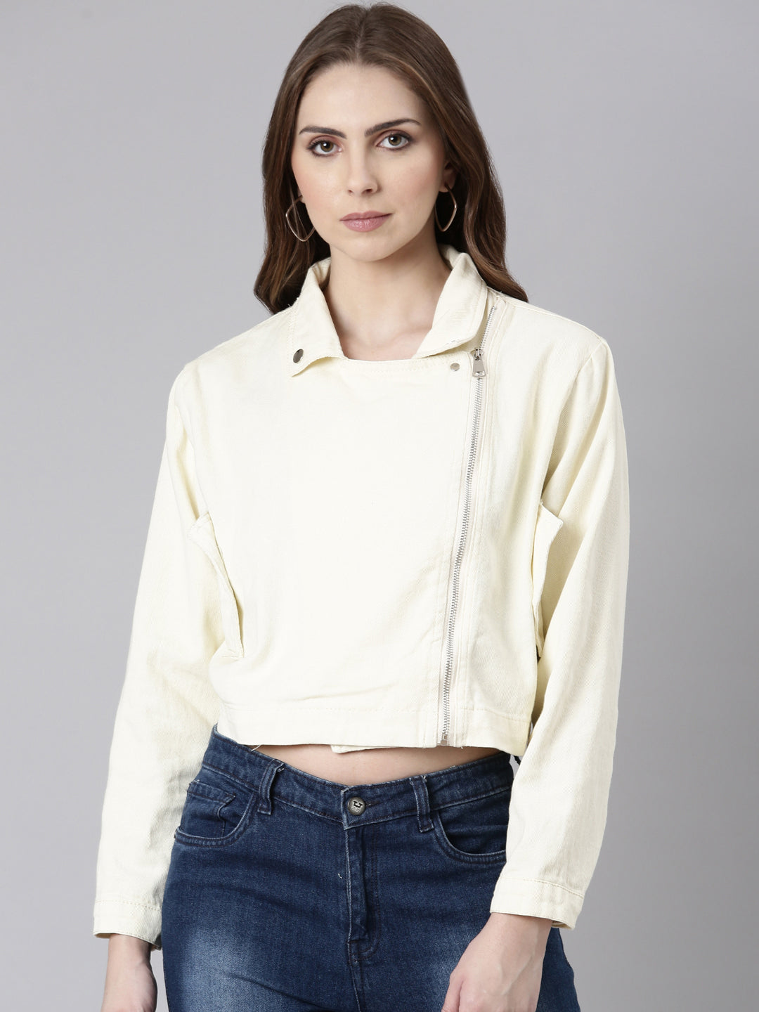 Women Cream Solid Denim Jacket