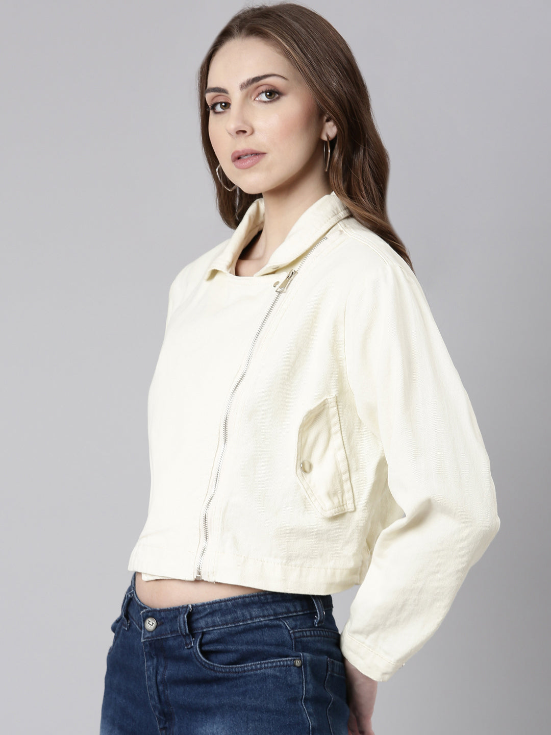 Women Cream Solid Denim Jacket