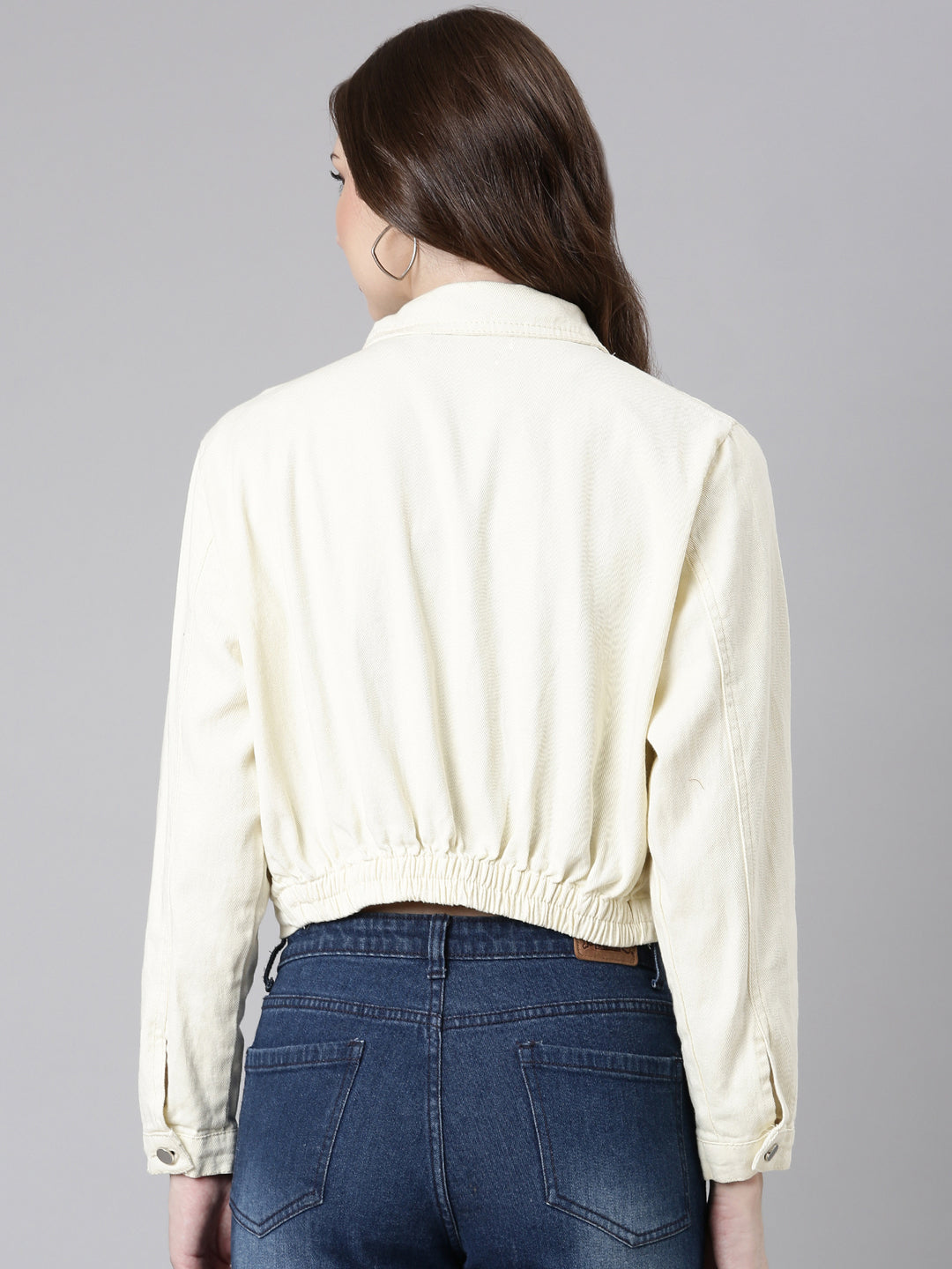 Women Cream Solid Denim Jacket