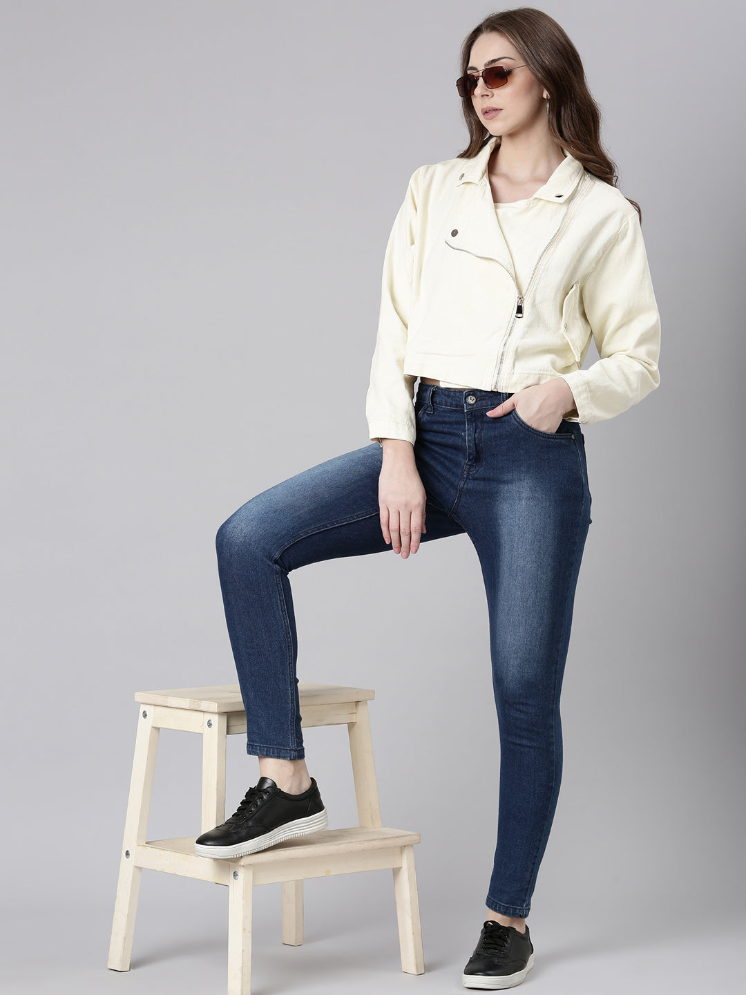 Women Cream Solid Denim Jacket