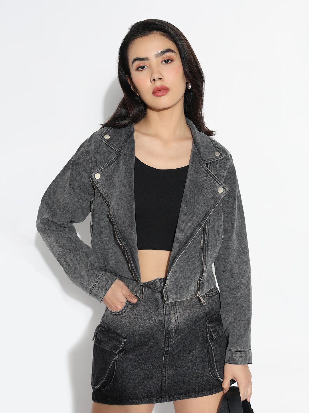 Women Solid Grey Spread Collar Denim Jacket