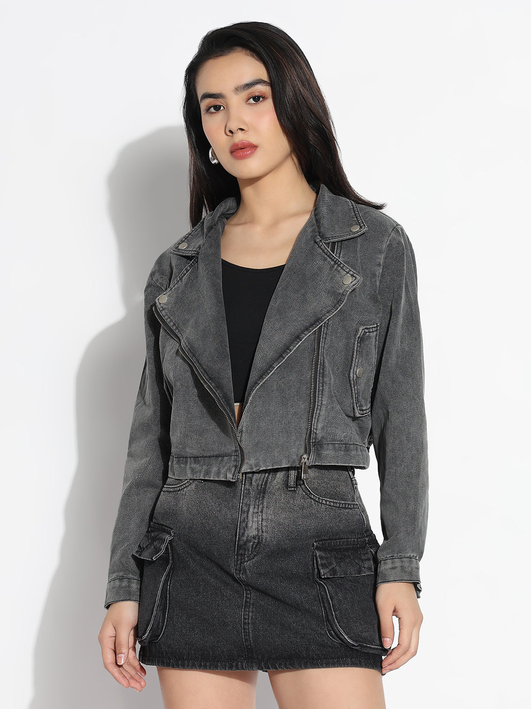 Women Solid Grey Spread Collar Denim Jacket