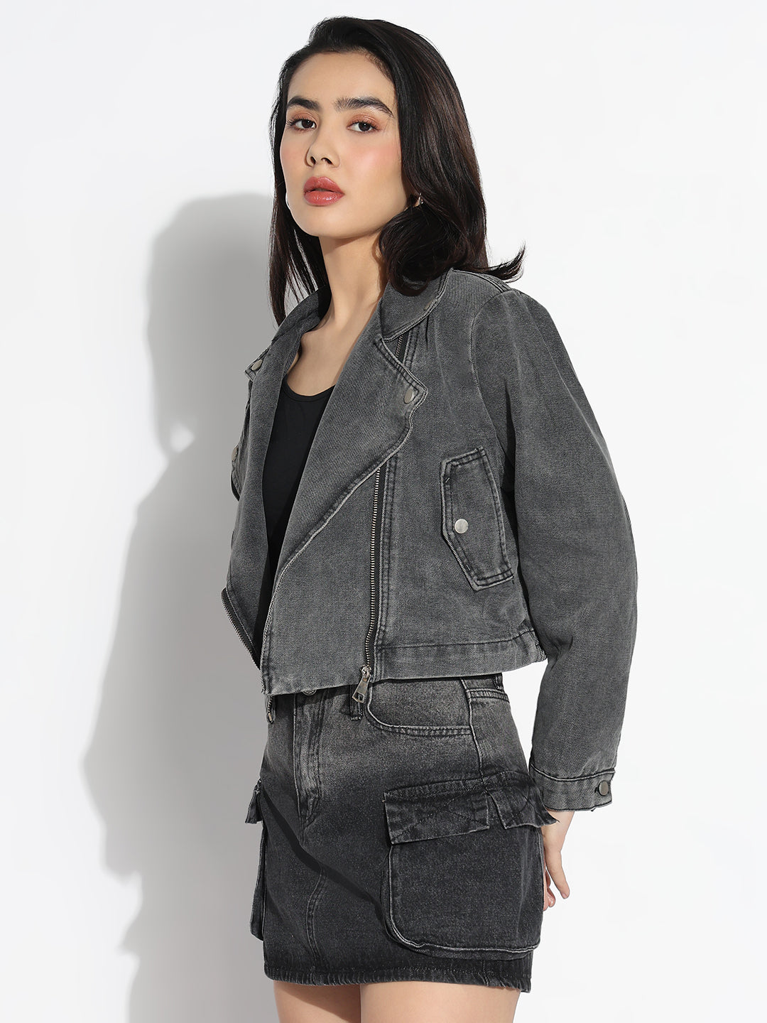 Women Solid Grey Spread Collar Denim Jacket