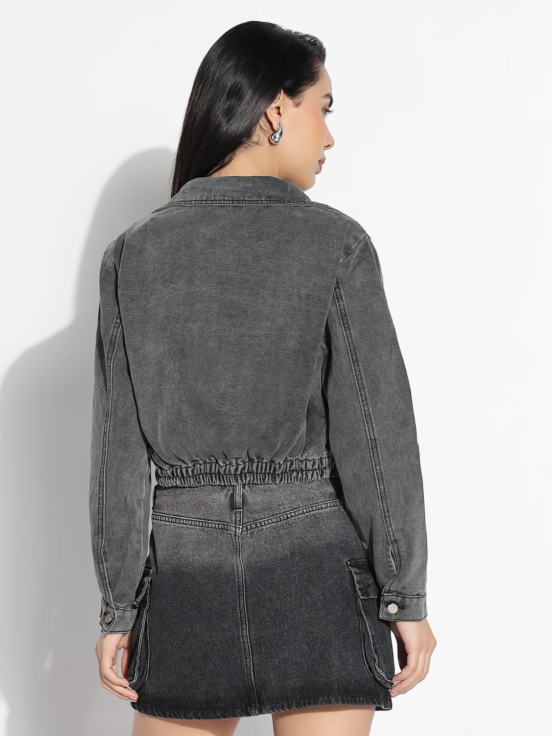 Women Solid Grey Spread Collar Denim Jacket