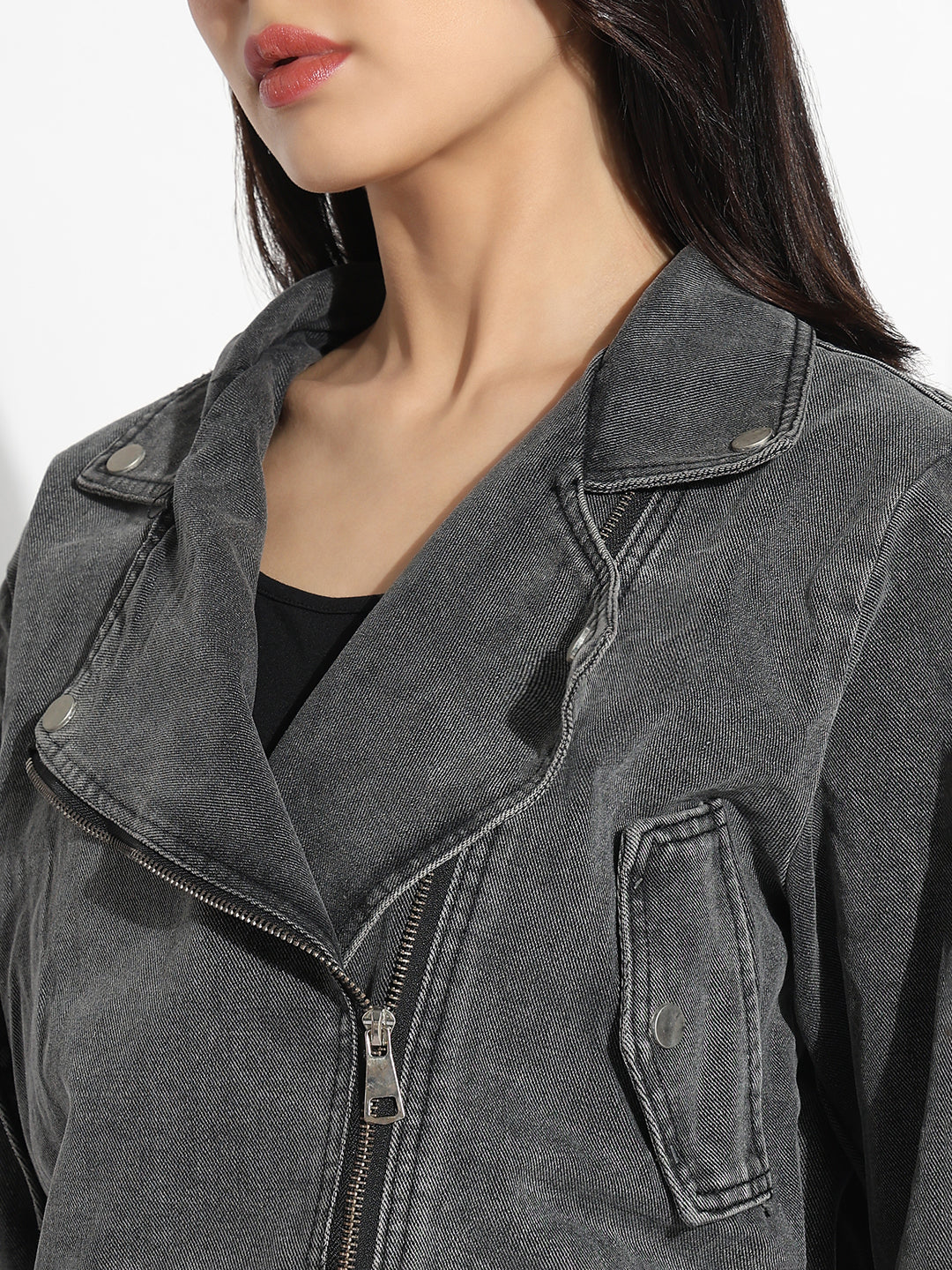 Women Solid Grey Spread Collar Denim Jacket