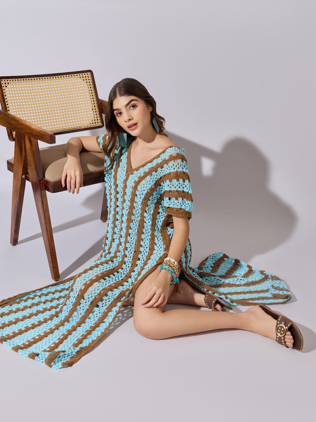 Women's Striped Blue Crochet Longline Top with Side Slits