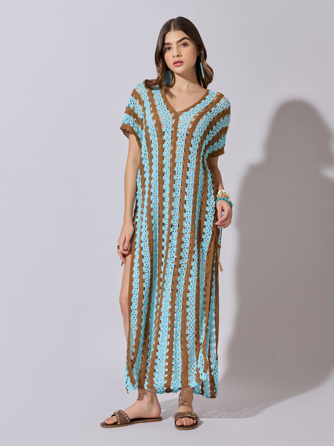 Women's Striped Blue Crochet Longline Top with Side Slits