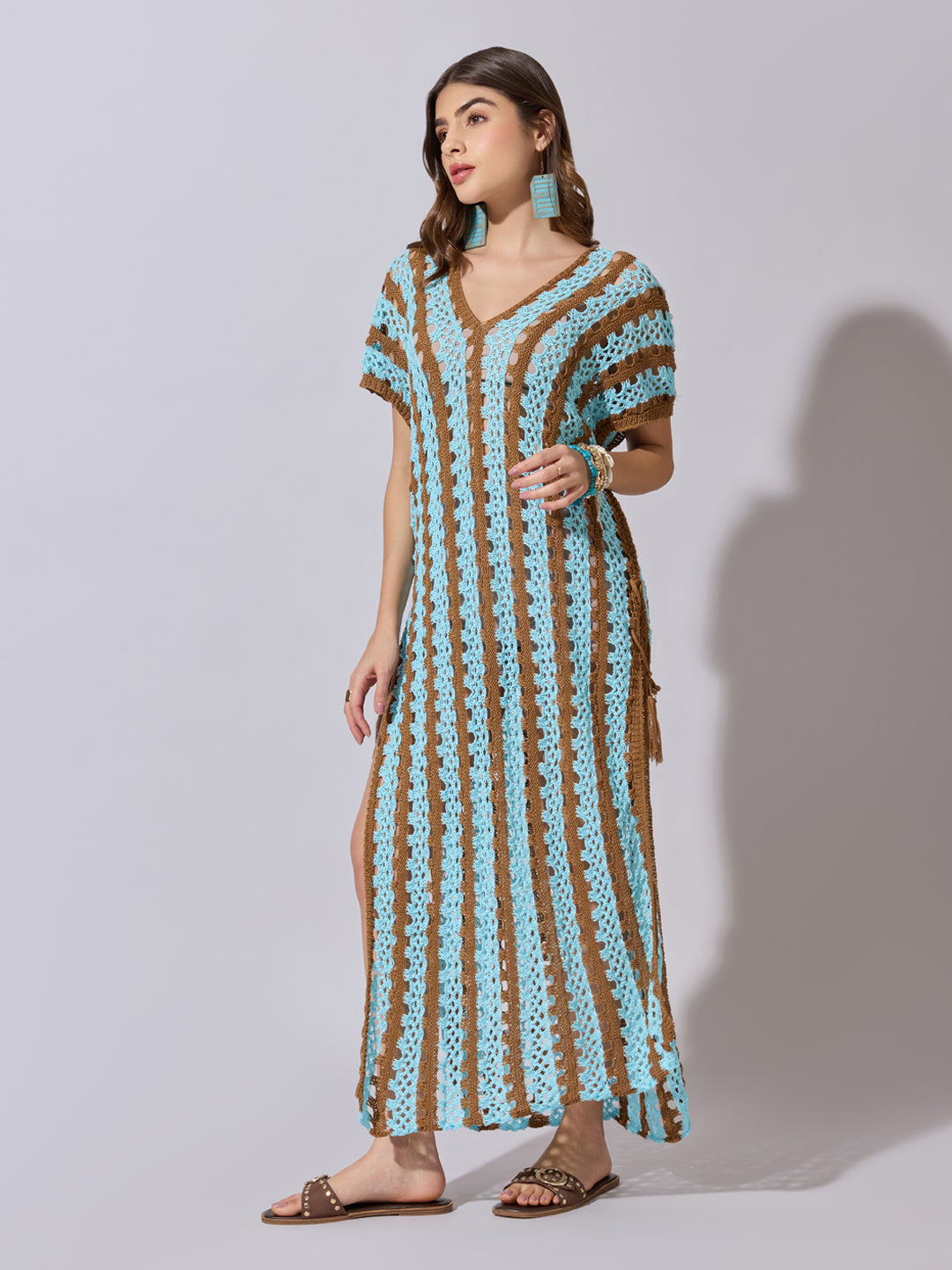 Women's Striped Blue Crochet Longline Top with Side Slits