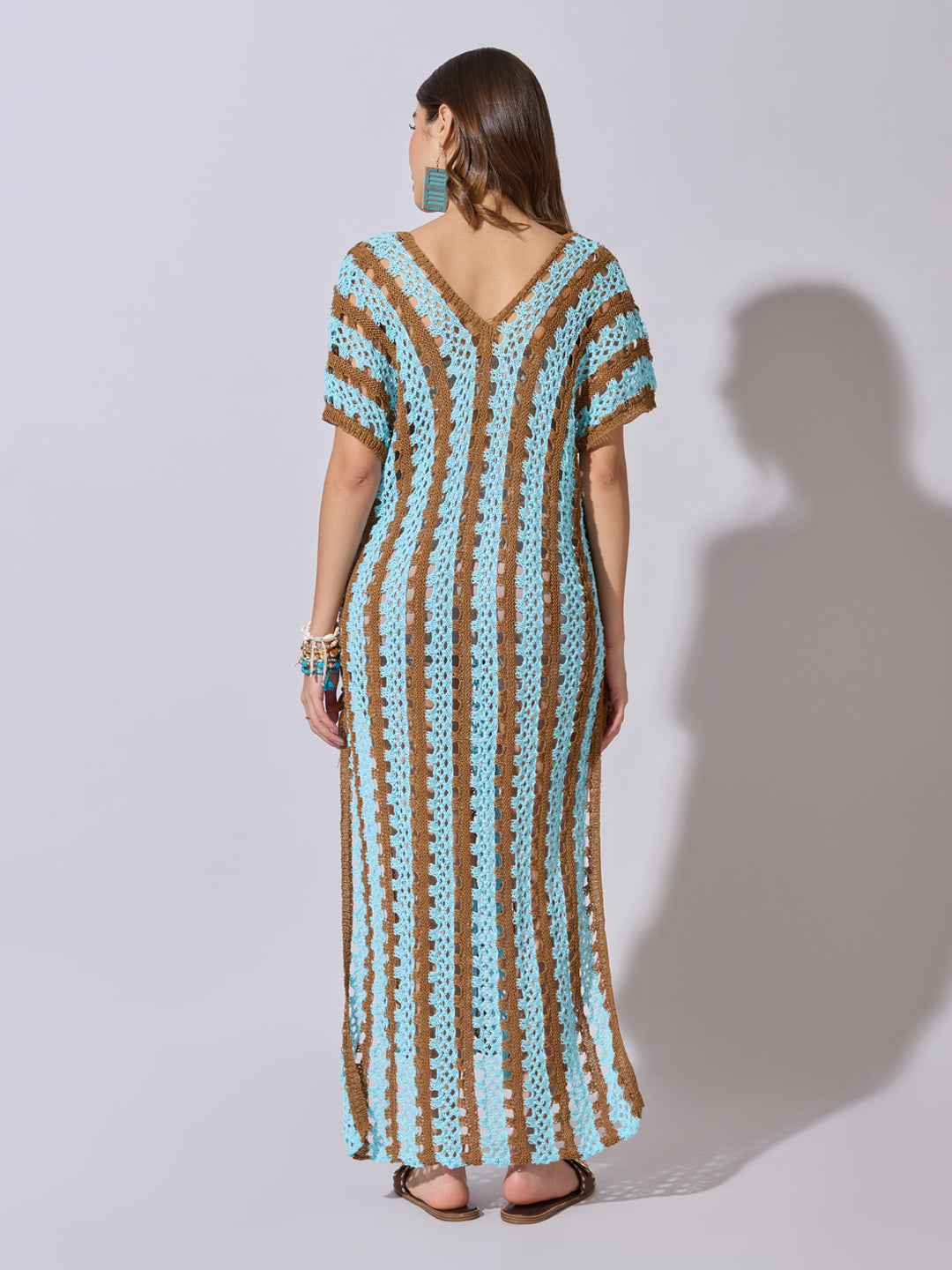 Women's Striped Blue Crochet Longline Top with Side Slits