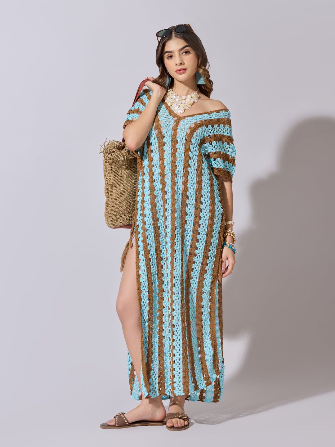 Women's Striped Blue Crochet Longline Top with Side Slits