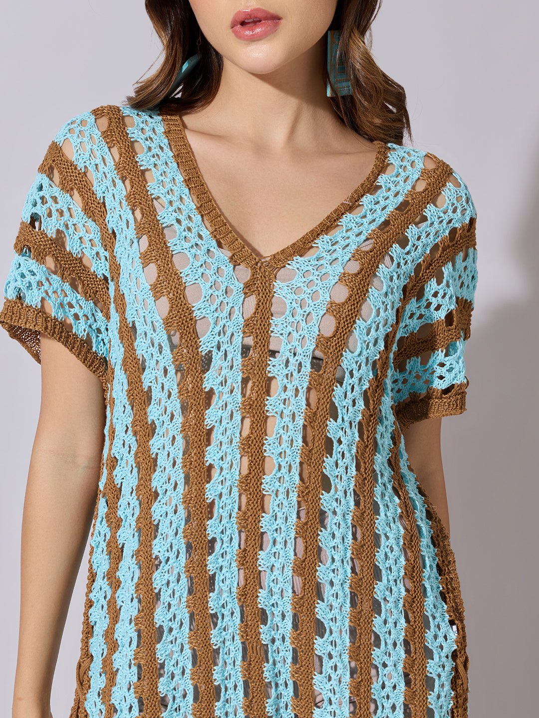 Women's Striped Blue Crochet Longline Top with Side Slits