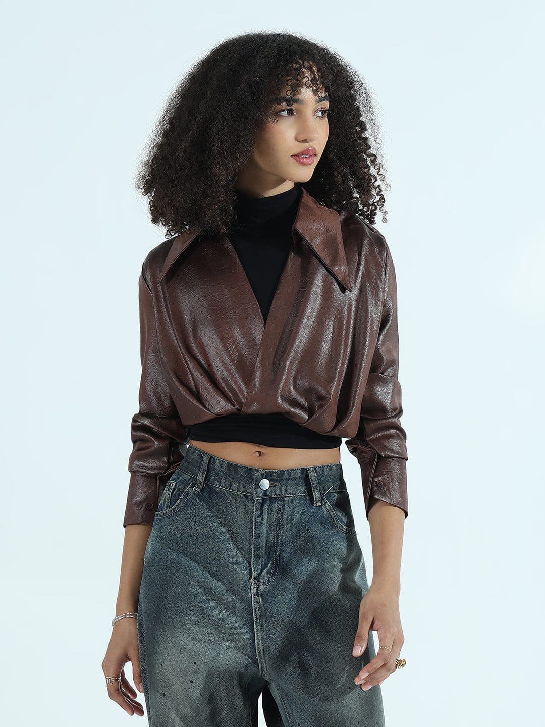 Women's Brown Faux Leather Shirt Style Crop Top